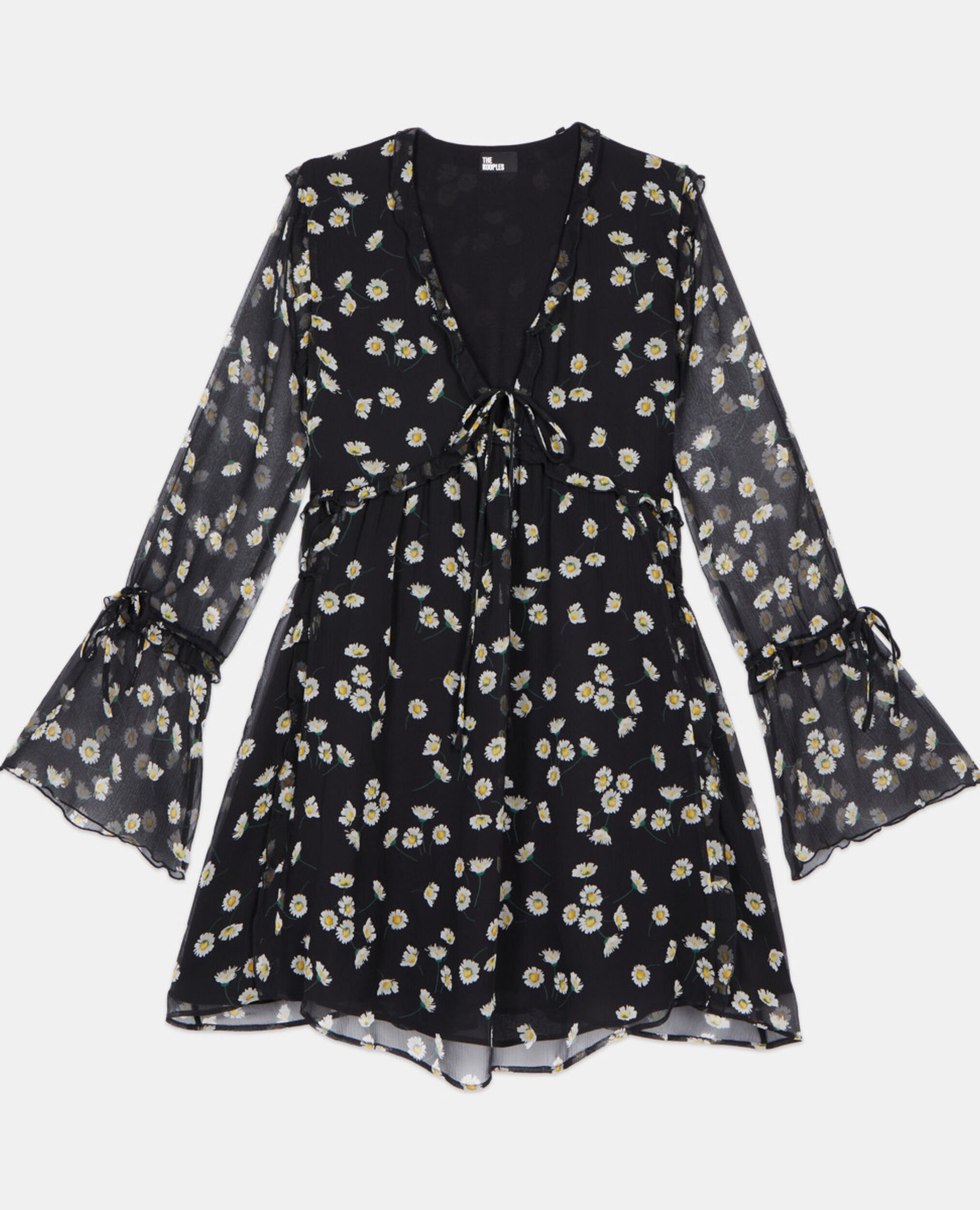 Floral printed silk short dress, BLACK WHITE, hi-res image number null