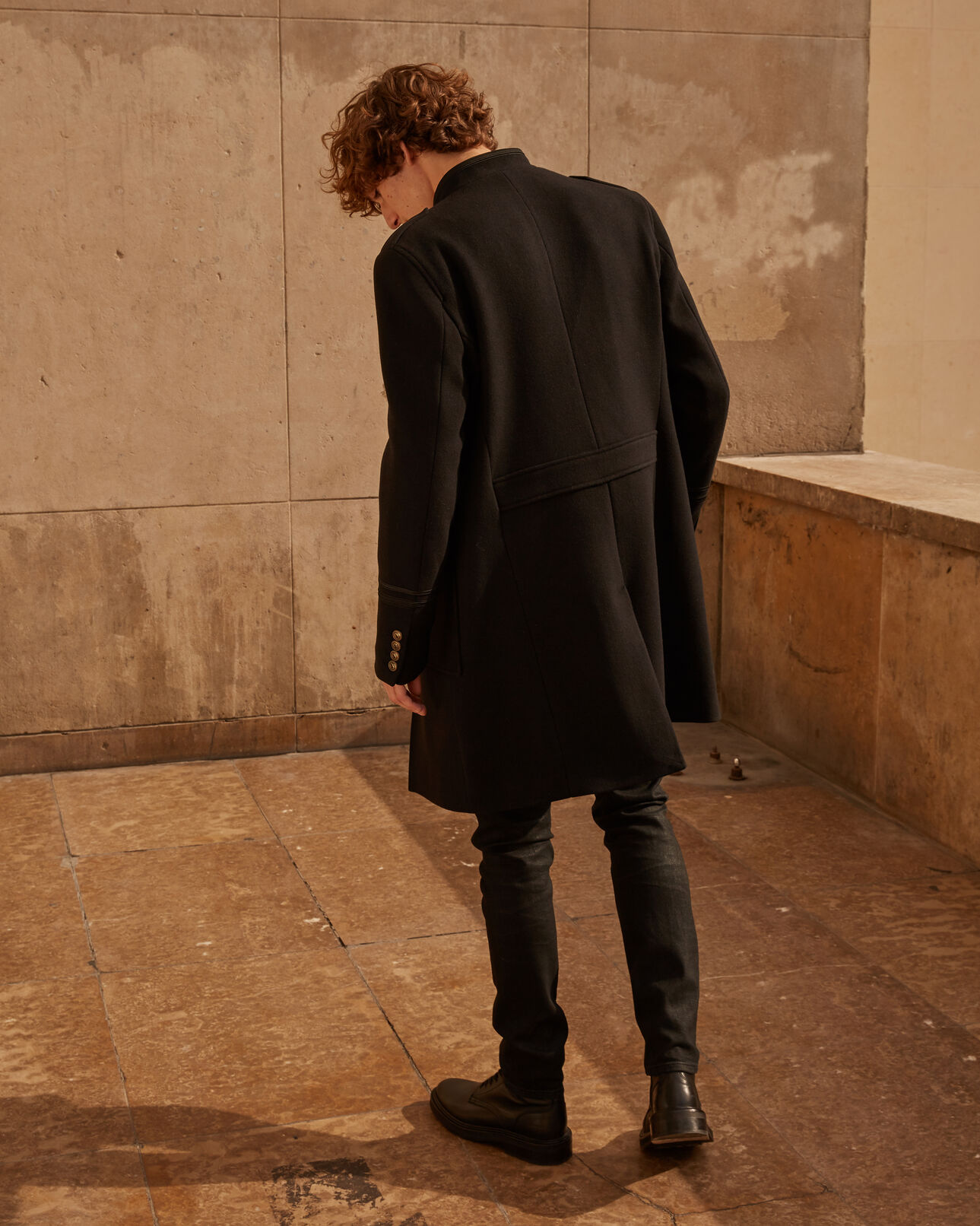 The Kooples MEN BLACK oversized wool coat with leather collar