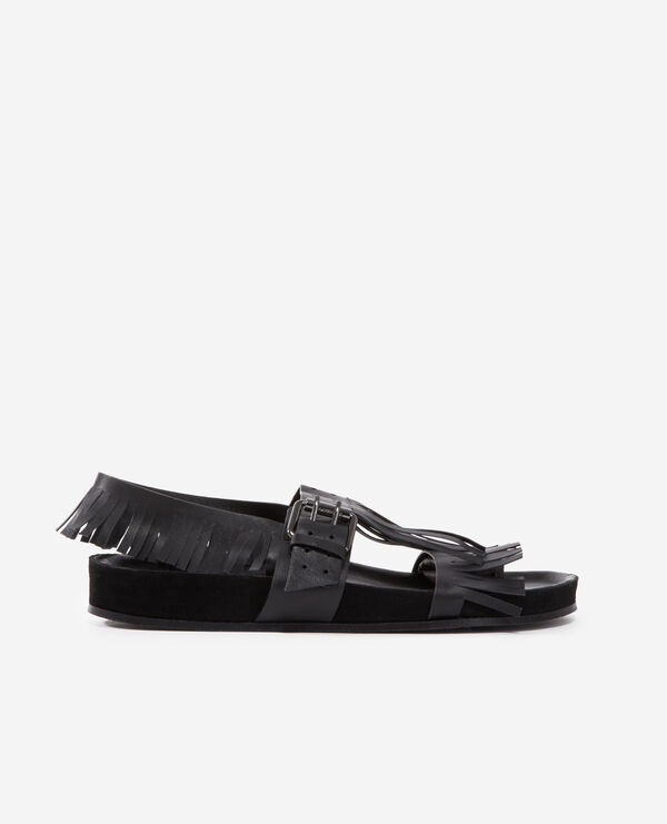 black leather sandals with fringes