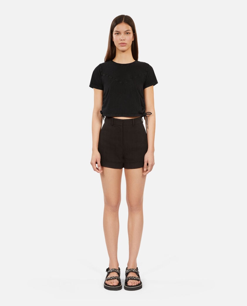 The Kooples DAMEN BLACK WASHED schwarzes t-shirt mit schn&uuml;rung