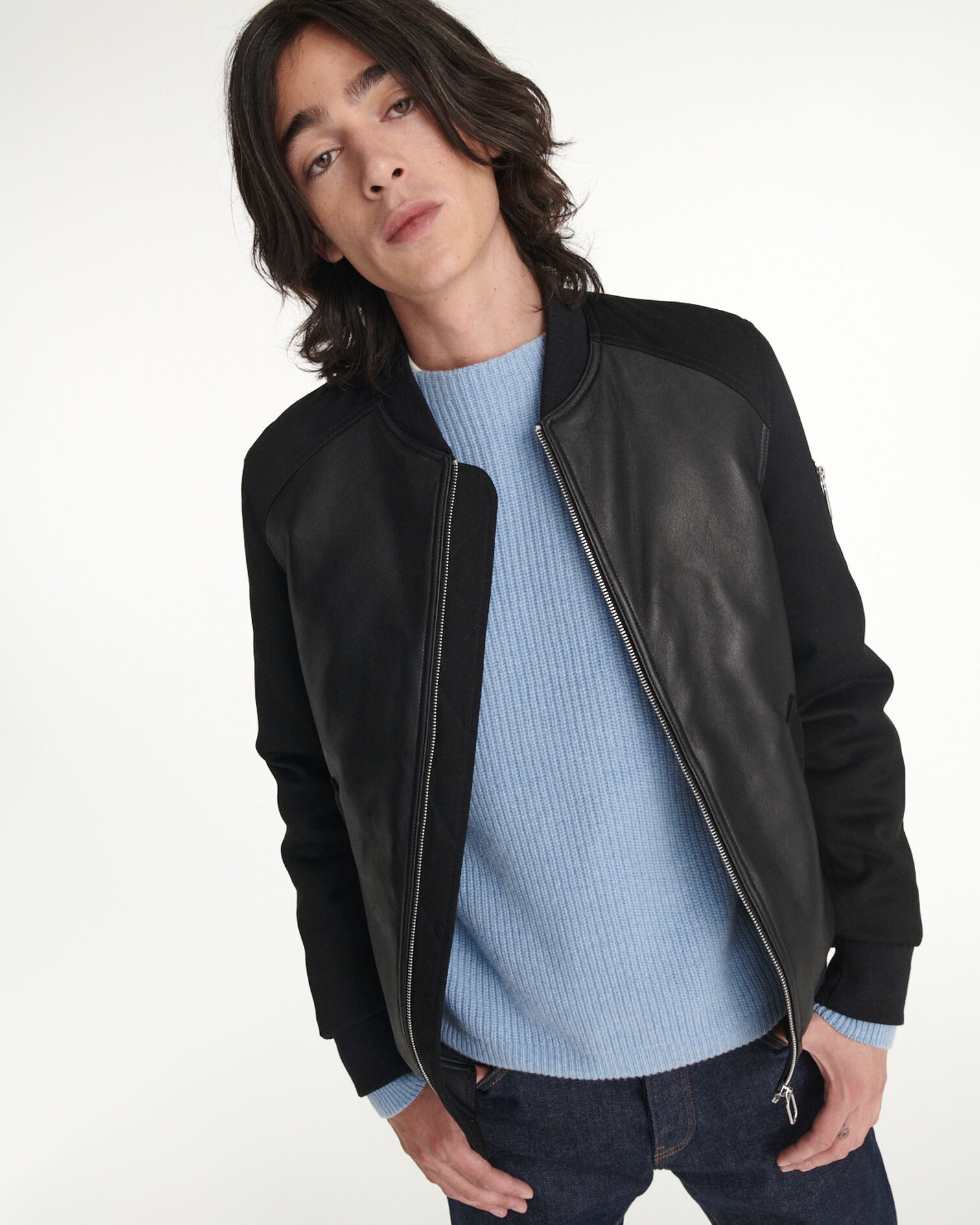 Chaqueta bomber piel negra bolsillo, BLACK, hi-res image number null
