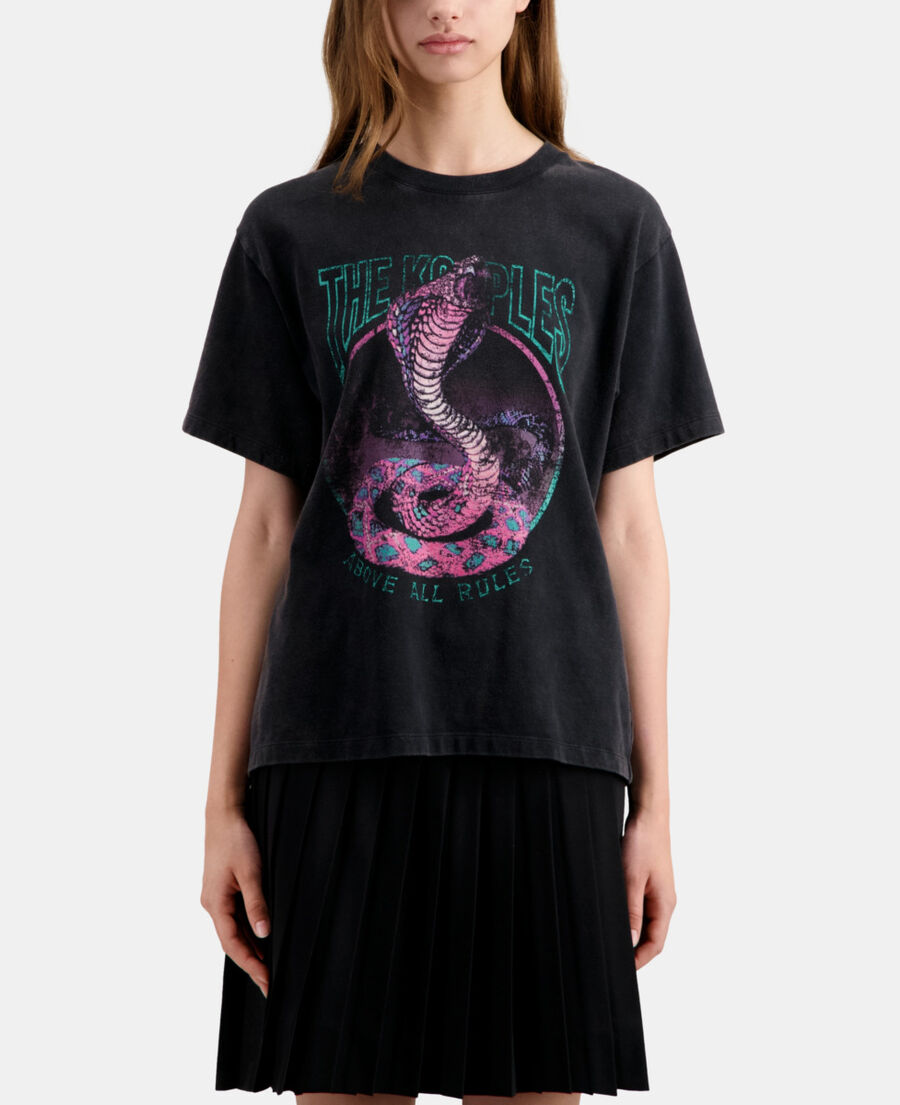 schwarzes t-shirt damen mit „cobra“-siebdruck