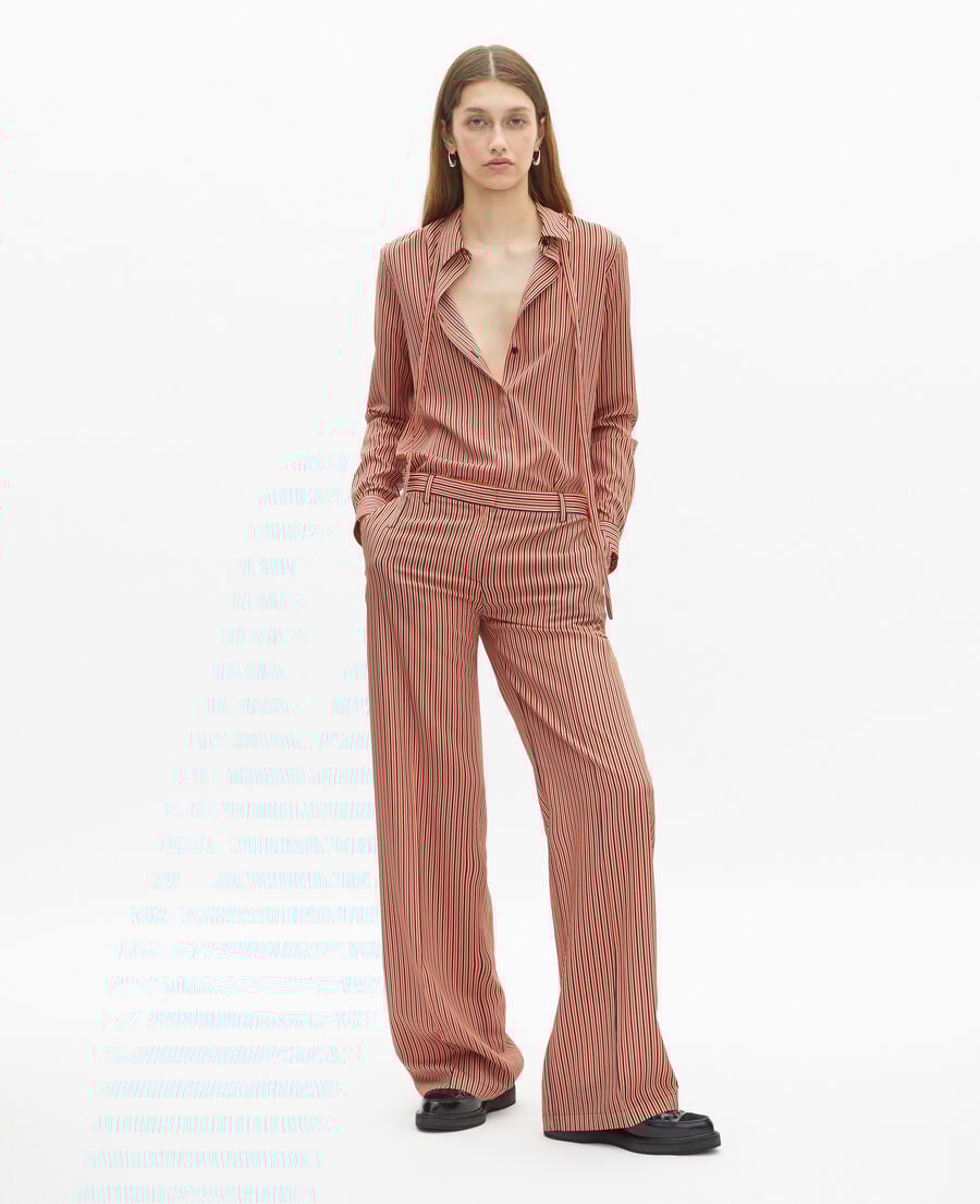 The Kooples FEMME DARK NAVY / FIRE RED pantalon large &agrave; rayures rouge et bleu