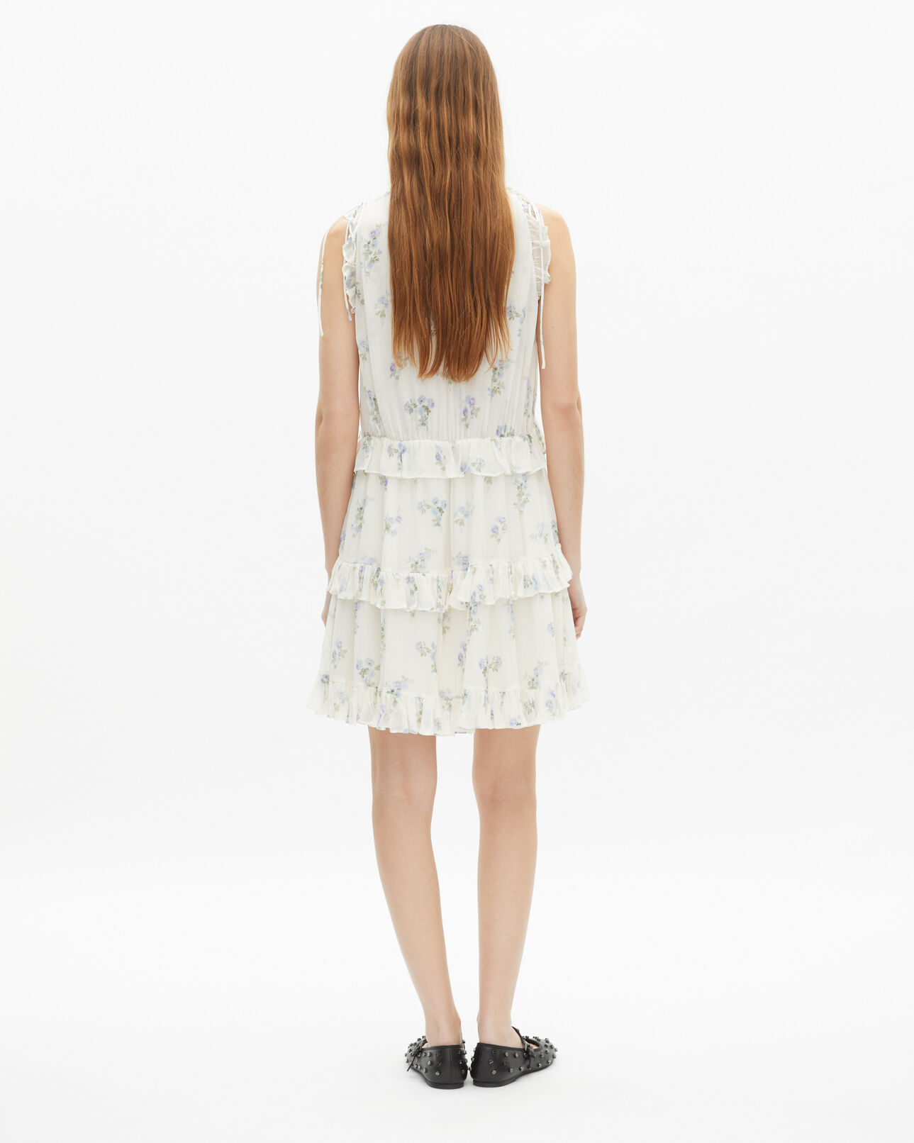 The Kooples DAMEN WHITE / SKY BLUE kurzes kleid mit rüschen im blumendruck weiß