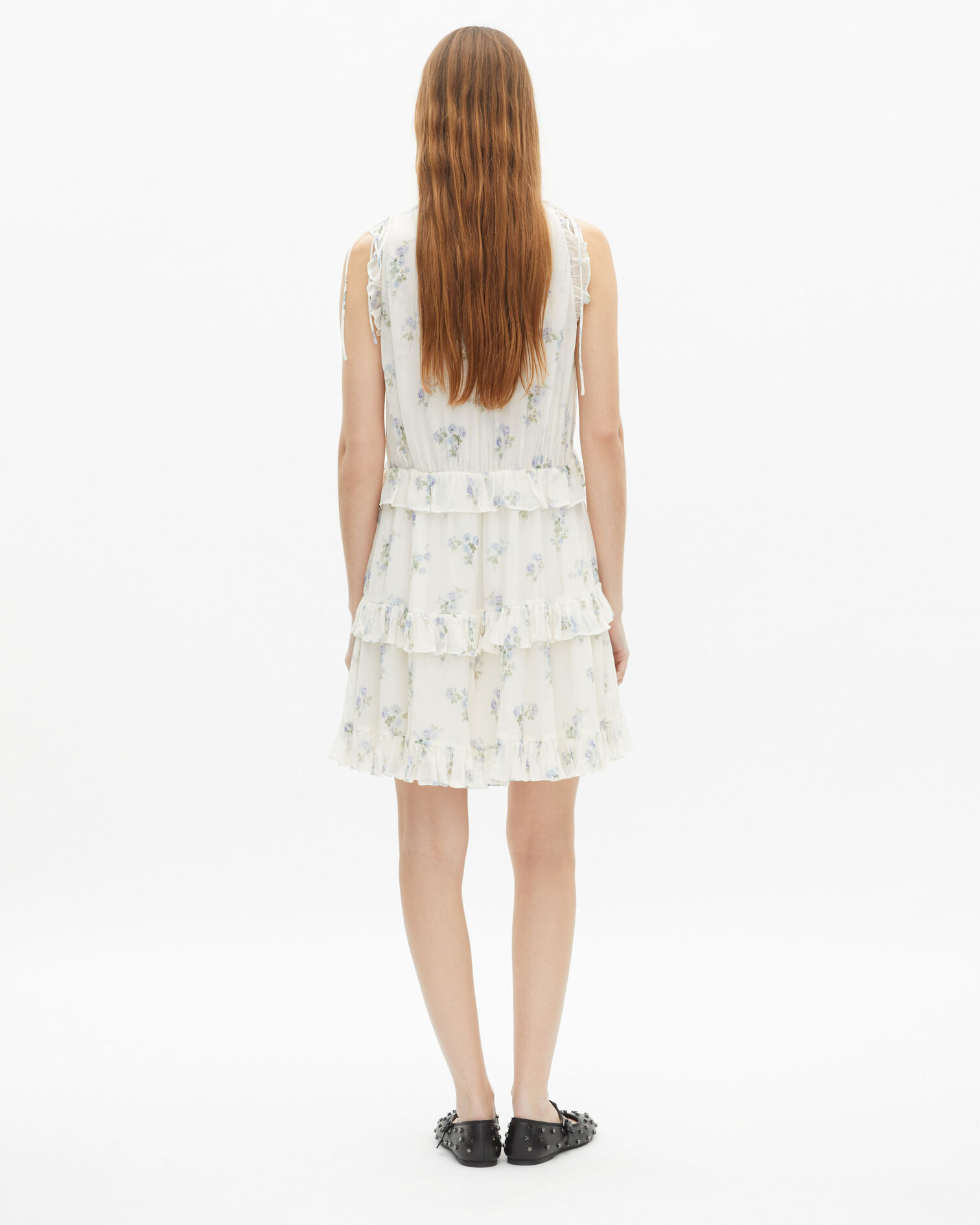 Kurzes Kleid mit Rüschen im Blumendruck weiß, WHITE / SKY BLUE, hi-res image number null