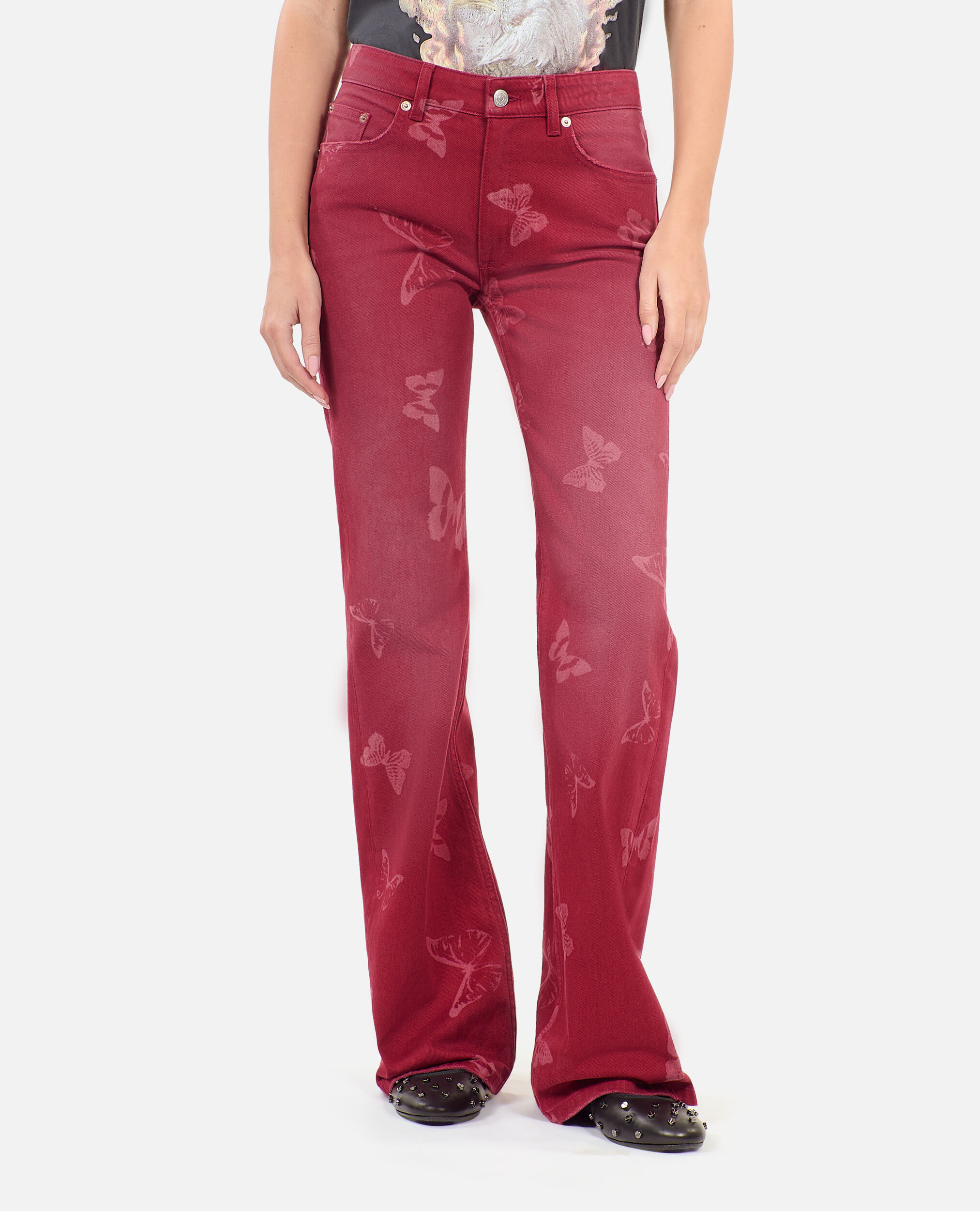 Jeans mit ausgestelltem Bein und Print, DARK RED, hi-res image number null