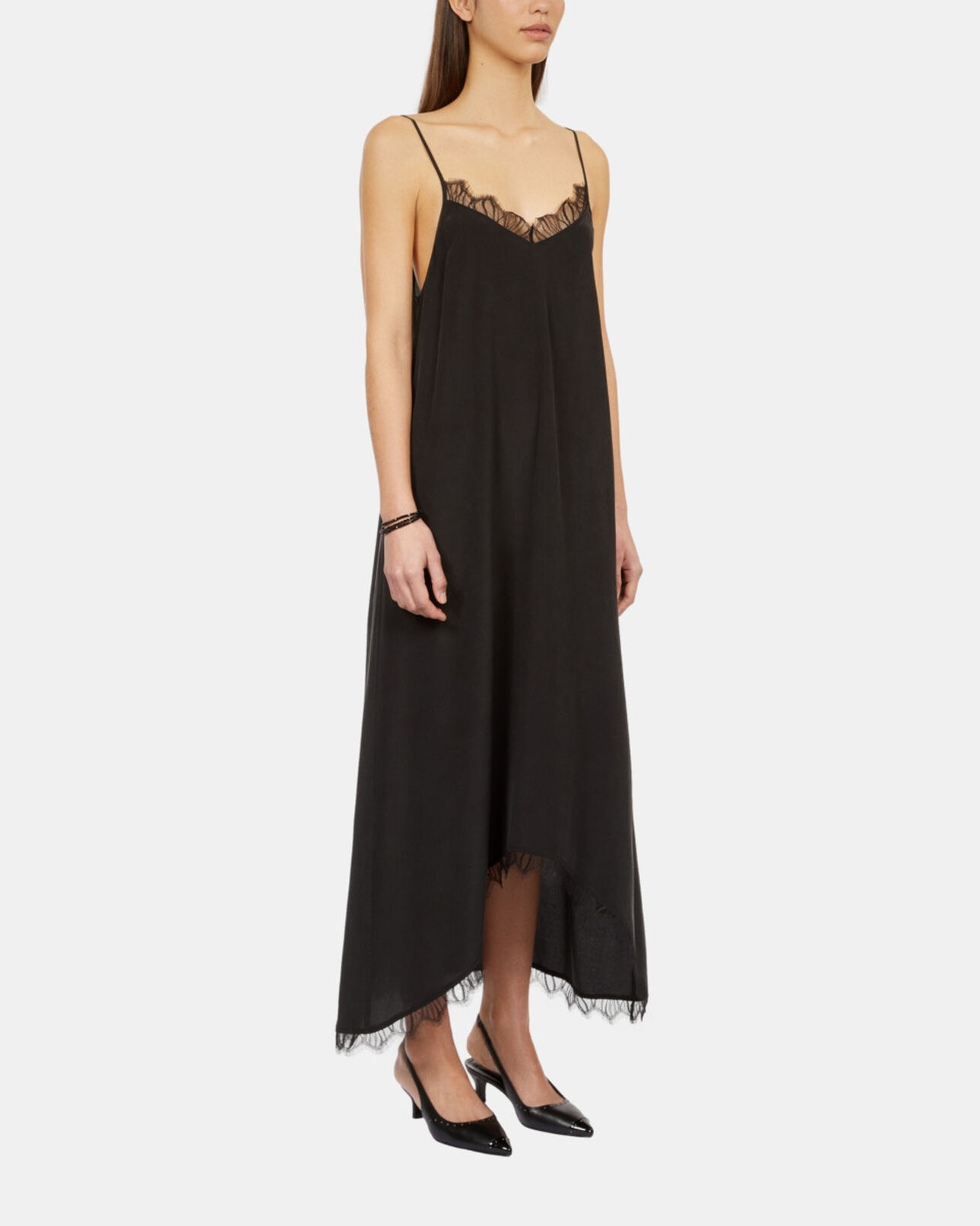 The Kooples WOMEN BLACK long black slip dress in washed silk