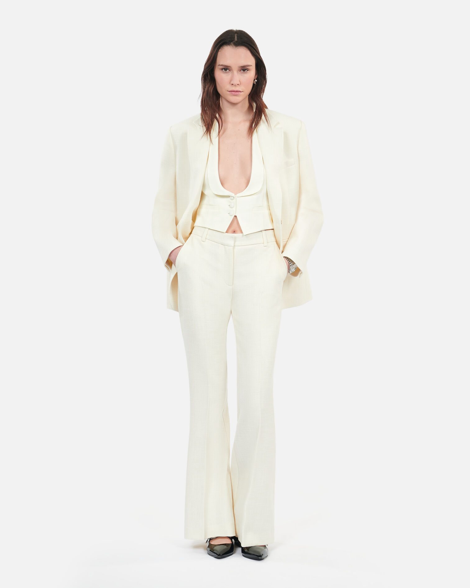 Ecru wool and cotton flared suit trousers, ECRU, hi-res image number null