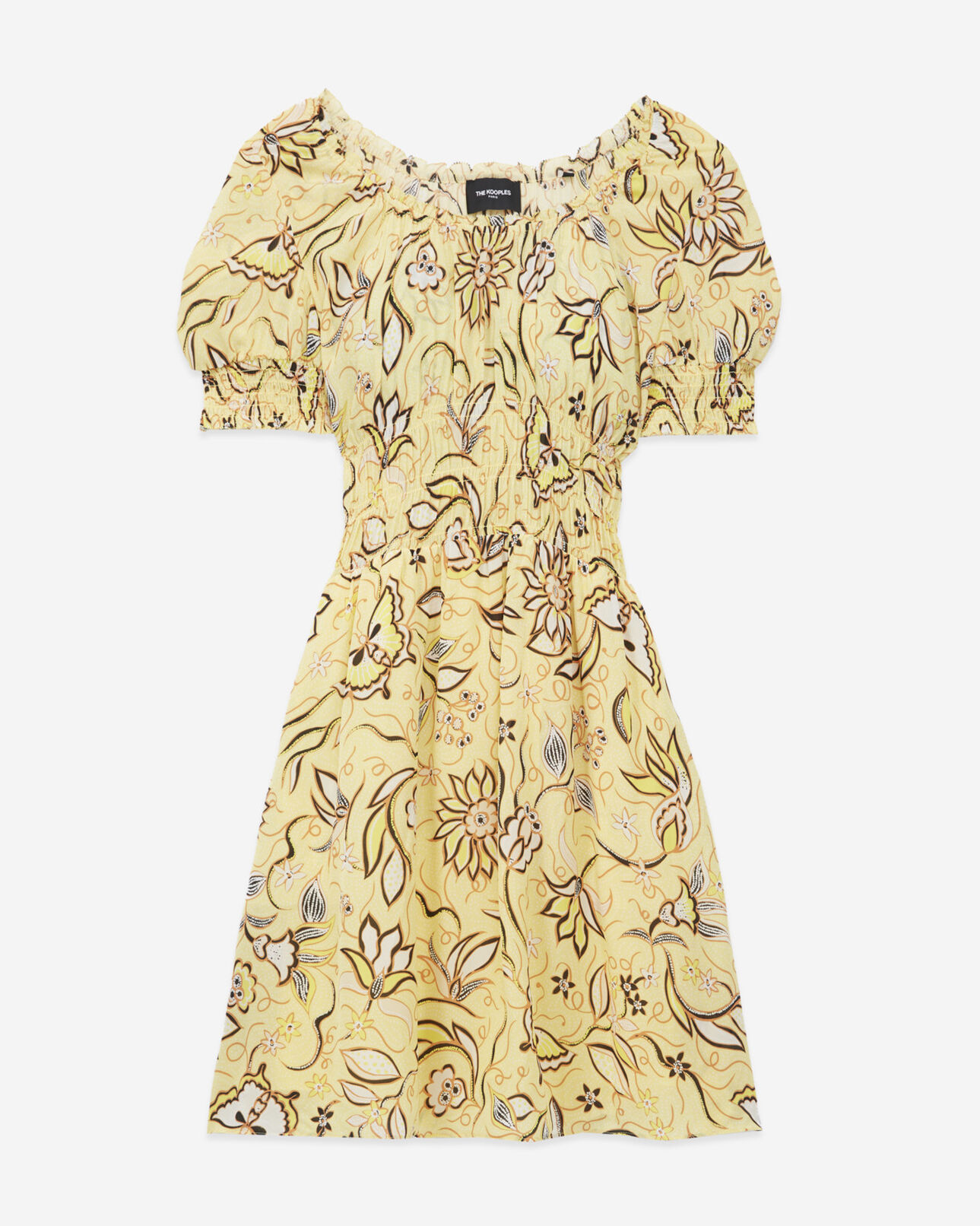 The Kooples FEMME YELLOW robe jaune à fleurs courte manches bouffantes