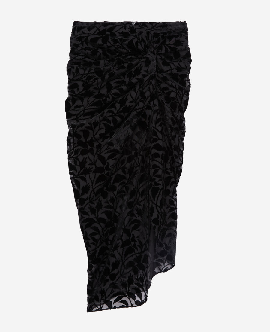 jupe mi-longue noire en velours dévoré