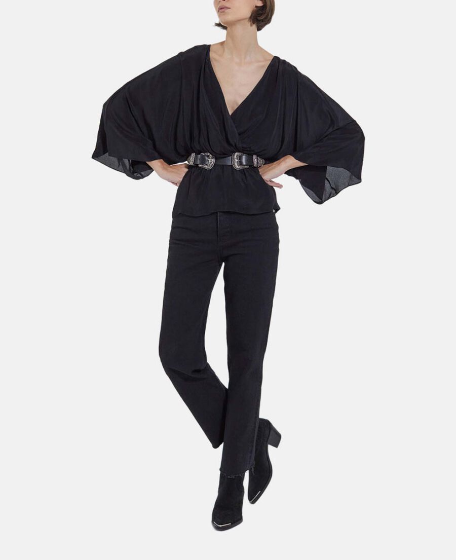 top kimono negro manga larga drapeado