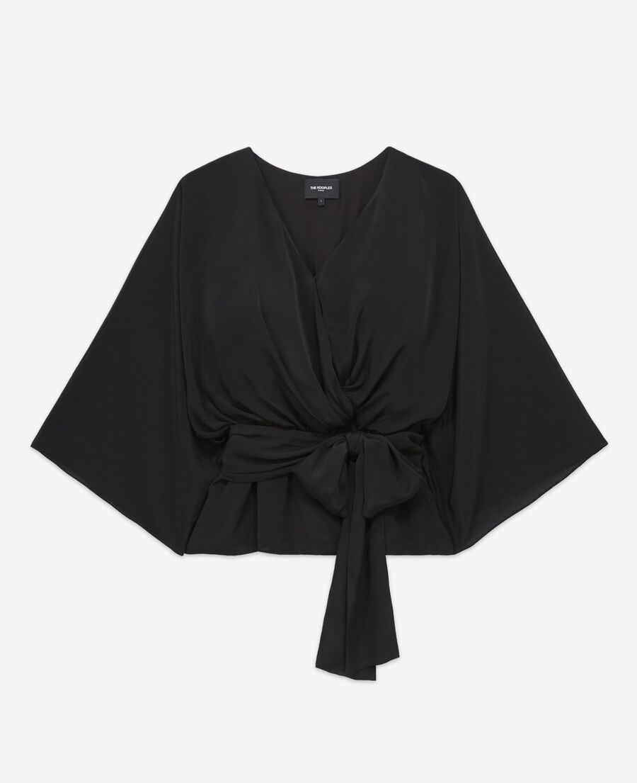 top kimono negro manga larga drapeado