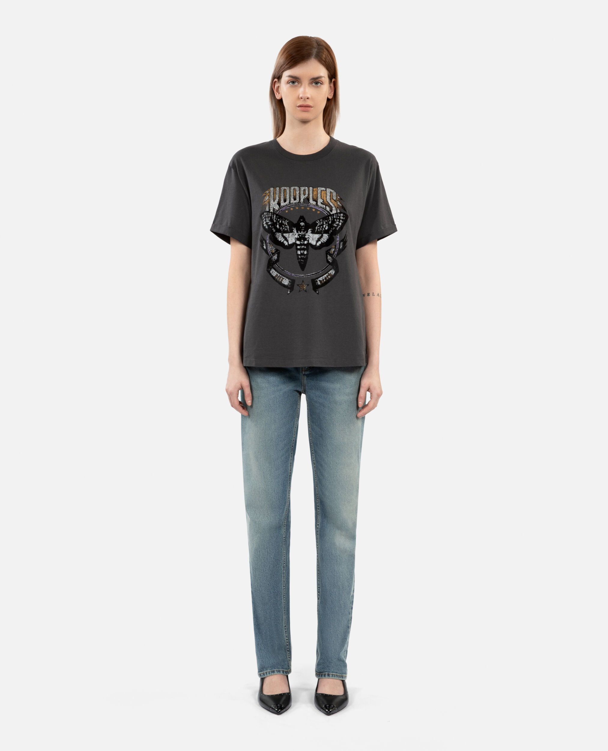 Camiseta mujer gris carbono Skull butterfly, CARBONE, hi-res image number null