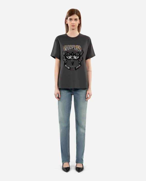 women's carbon gray t-shirt with skull butterfly serigraphy