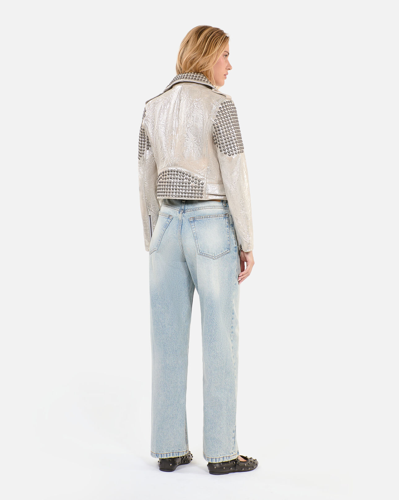 The Kooples F 52 ARGENT VIEILLI CORNE studded silver leather jacket