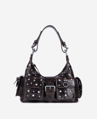 The Kooples FEMME BROWN sac amelia clouté en cuir craquelé marron