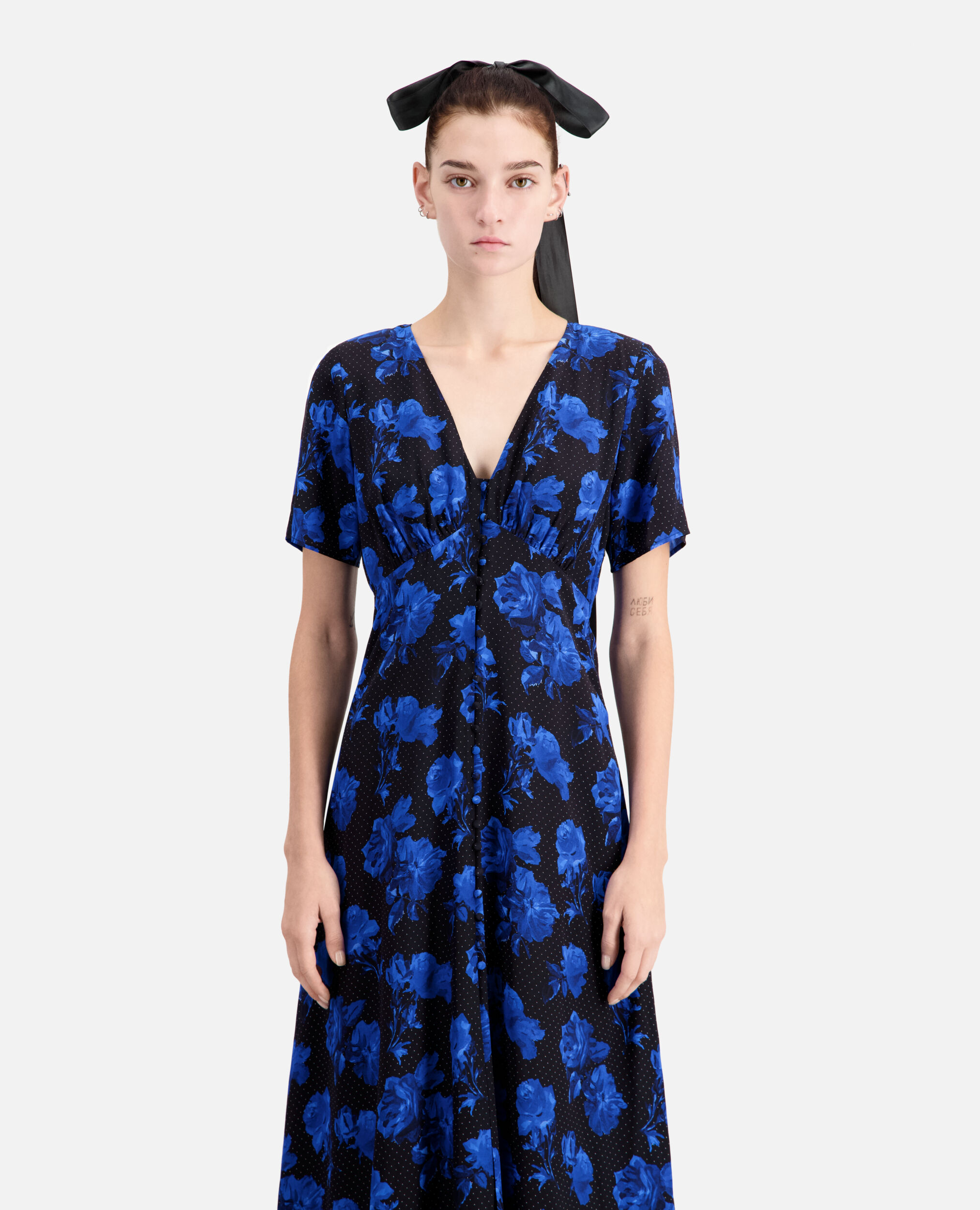 Long printed silk dress with buttoning, BLACK BLUE, hi-res image number null