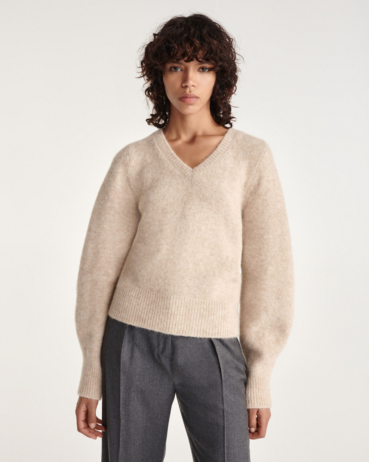 The Kooples WOMEN BEIGE beige knit v-neck sweater with baggy sleeves