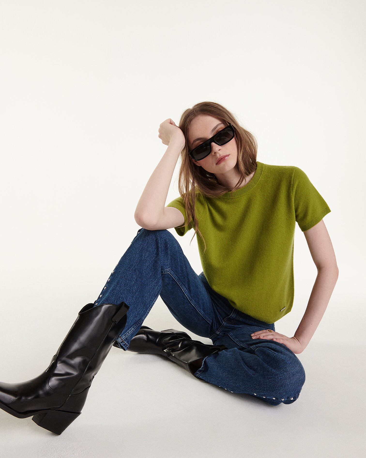 Fitted green crew neck cashmere sweater, GREEN, hi-res image number null