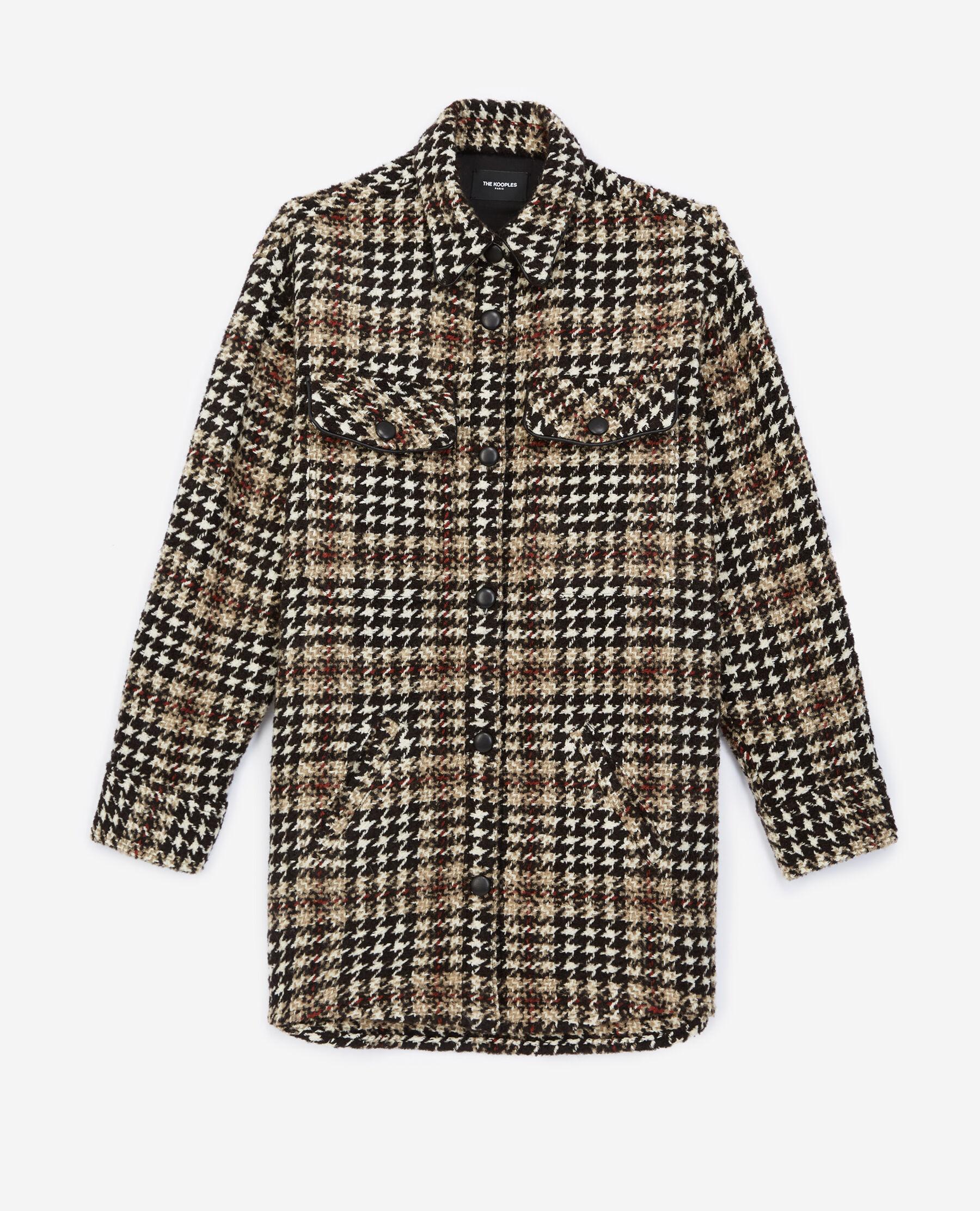 Oversized tweed houndstooth shirt jacket with leather detail The Kooples US