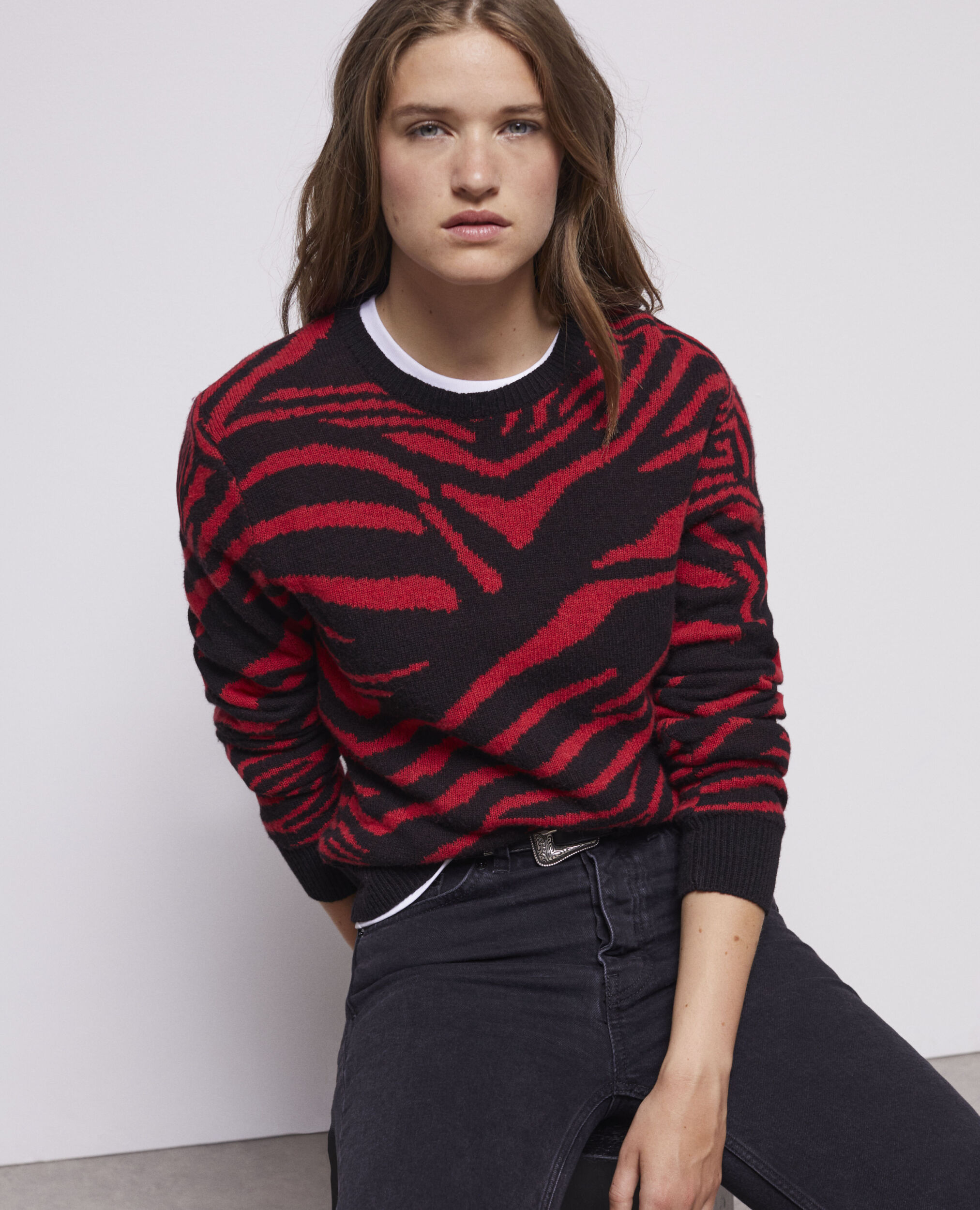 Printed crew neck sweater, BLACK - RED, hi-res image number null