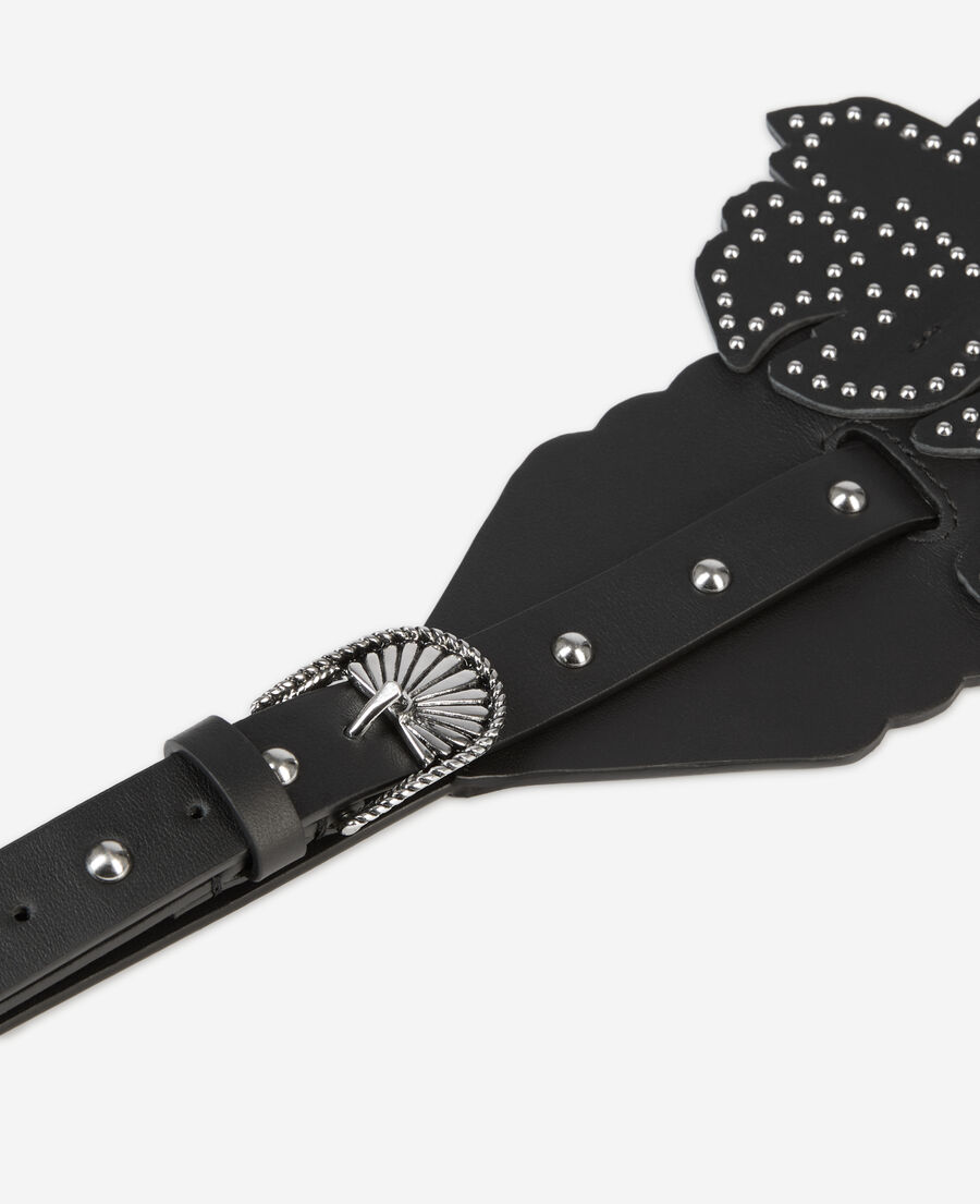 The Kooples FEMME BLACK ceinture large en cuir noir avec empiècements fleurs