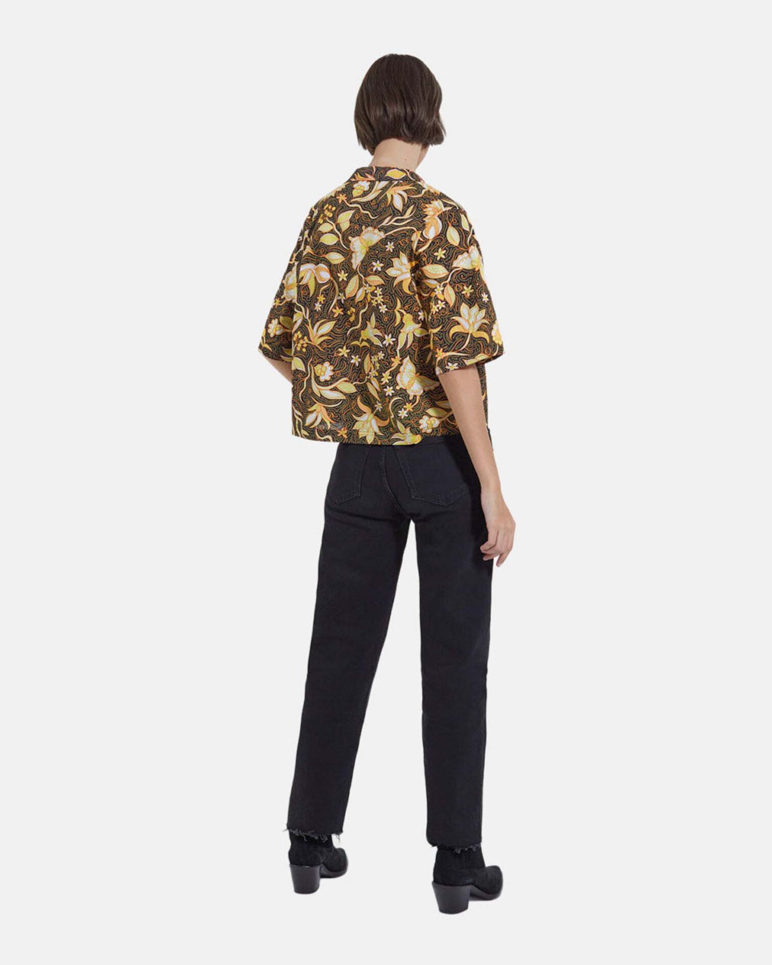 Short-sleeve black cotton shirt with print, BLACK, hi-res image number null