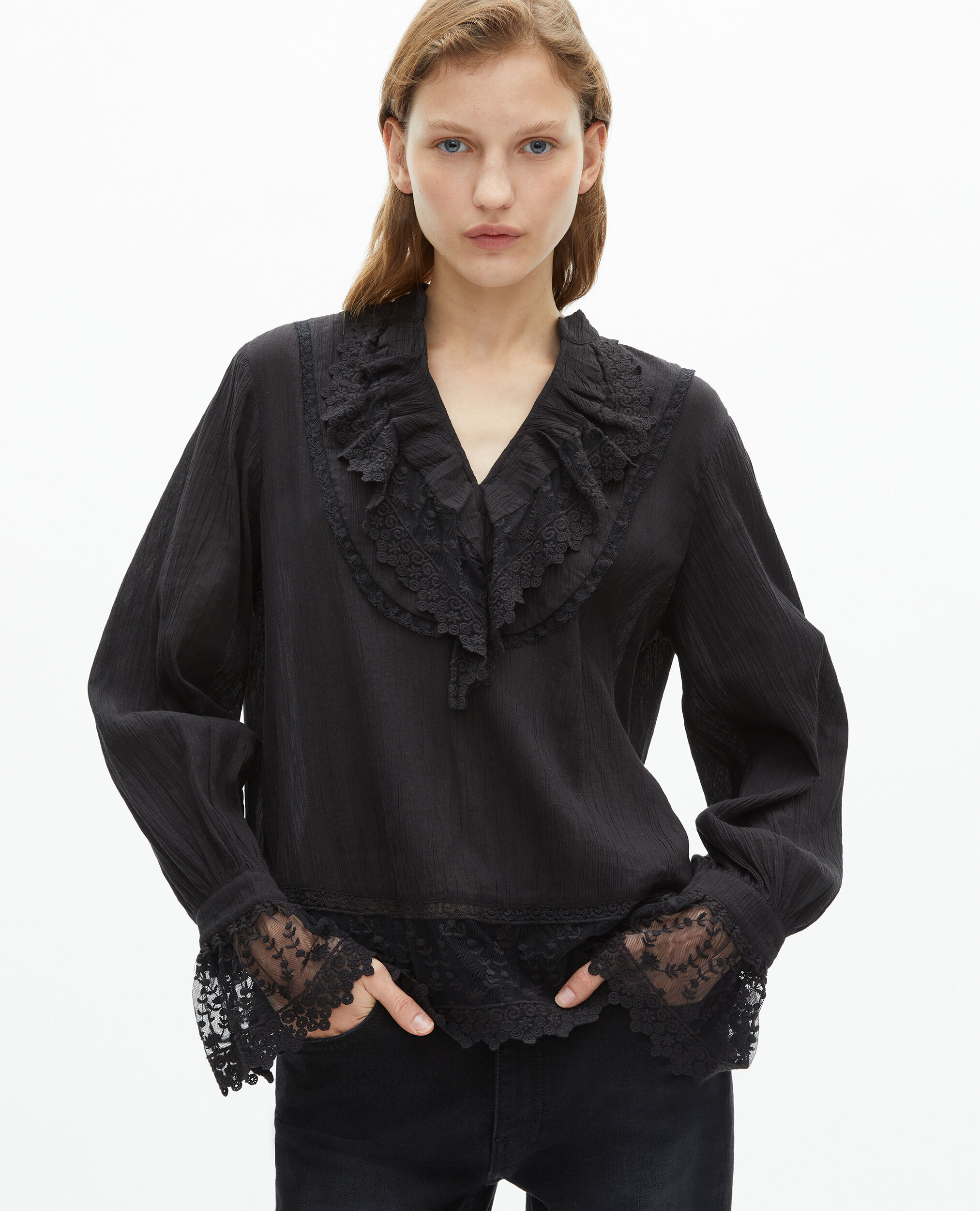 Black guipure lace top, BLACK, hi-res image number null