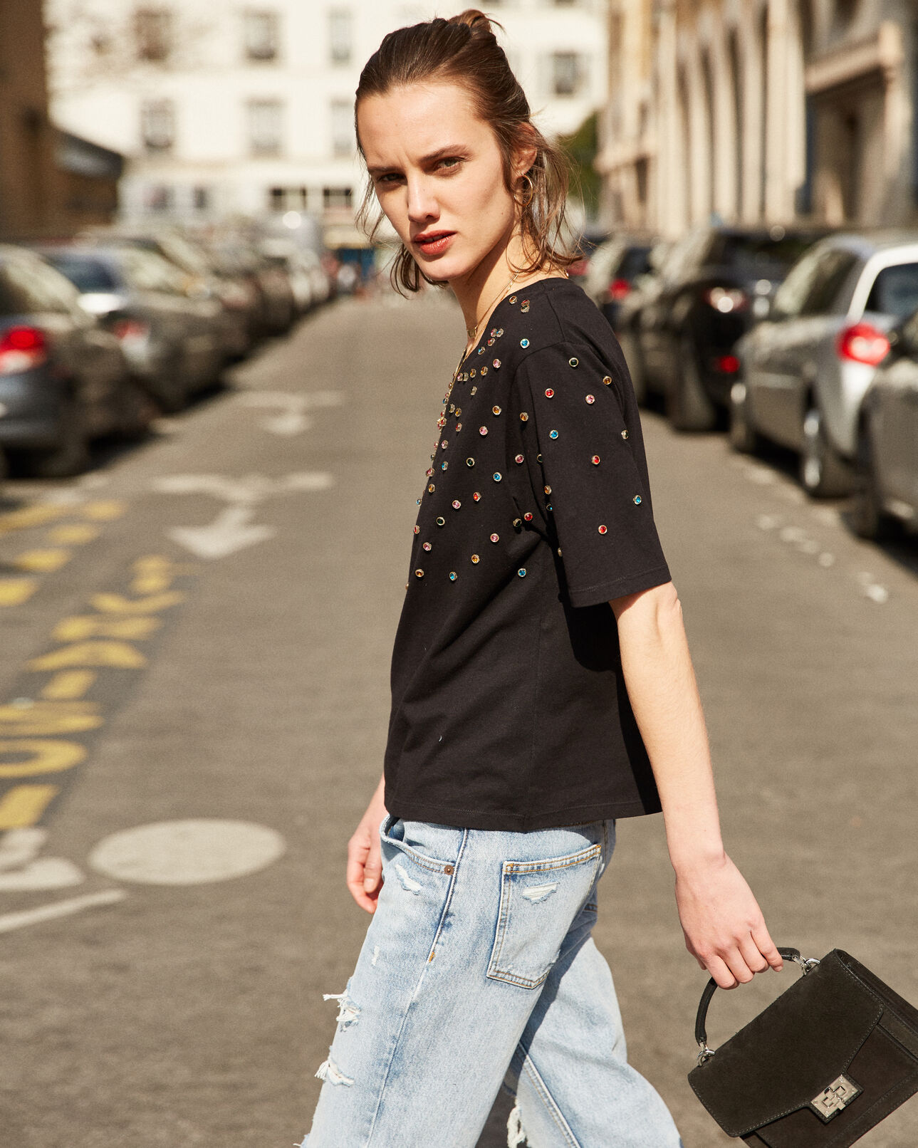 The Kooples MUJER BLACK camiseta rockera negra con strass bordados