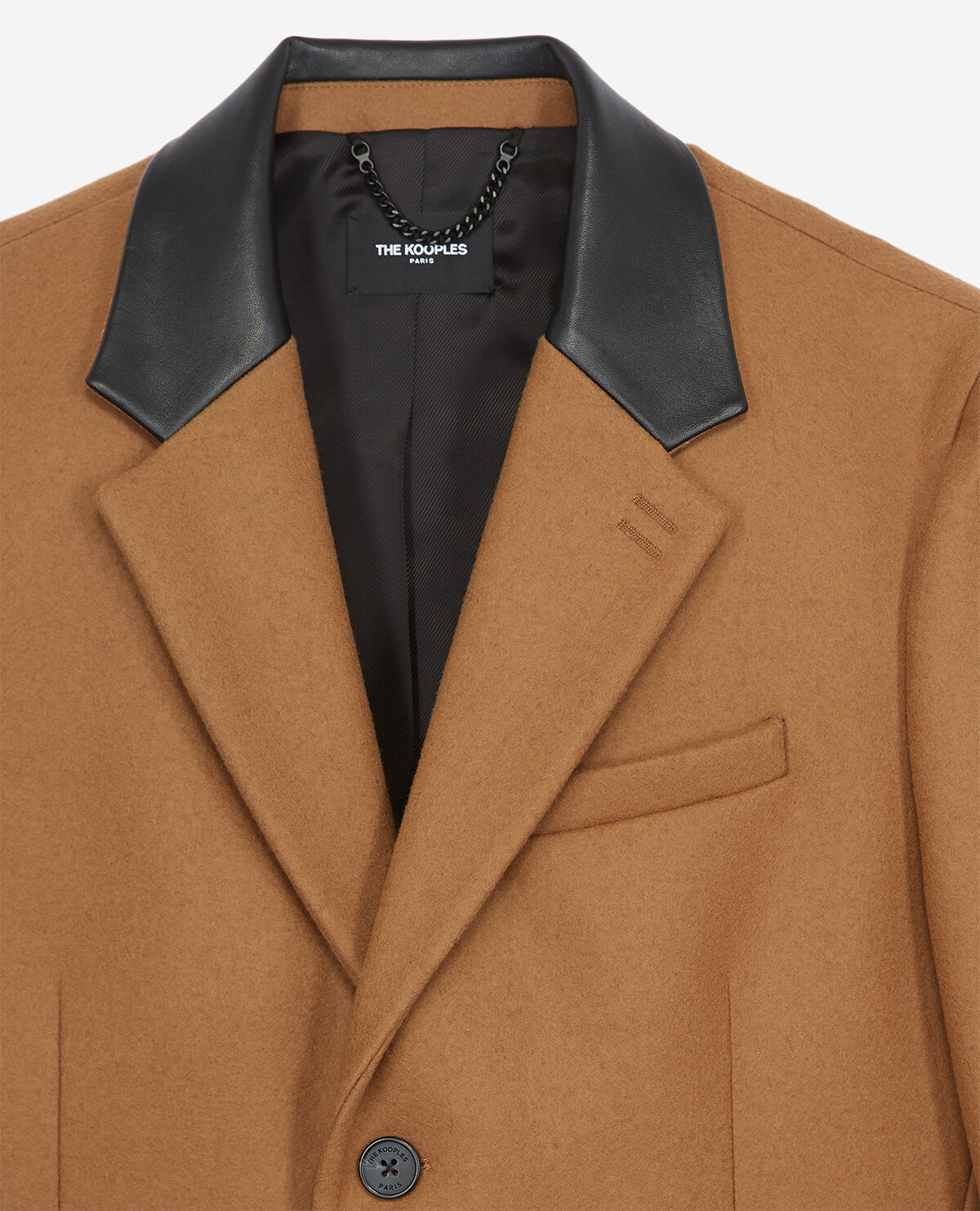 Manteau camel laine long cintre col cuir