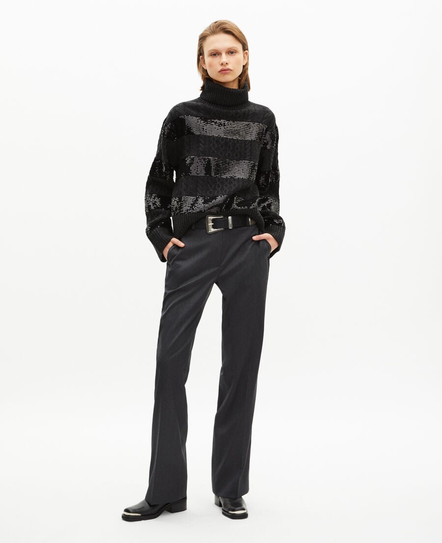 The Kooples F BLACK dark grey turtleneck sweater with sequin stripes
