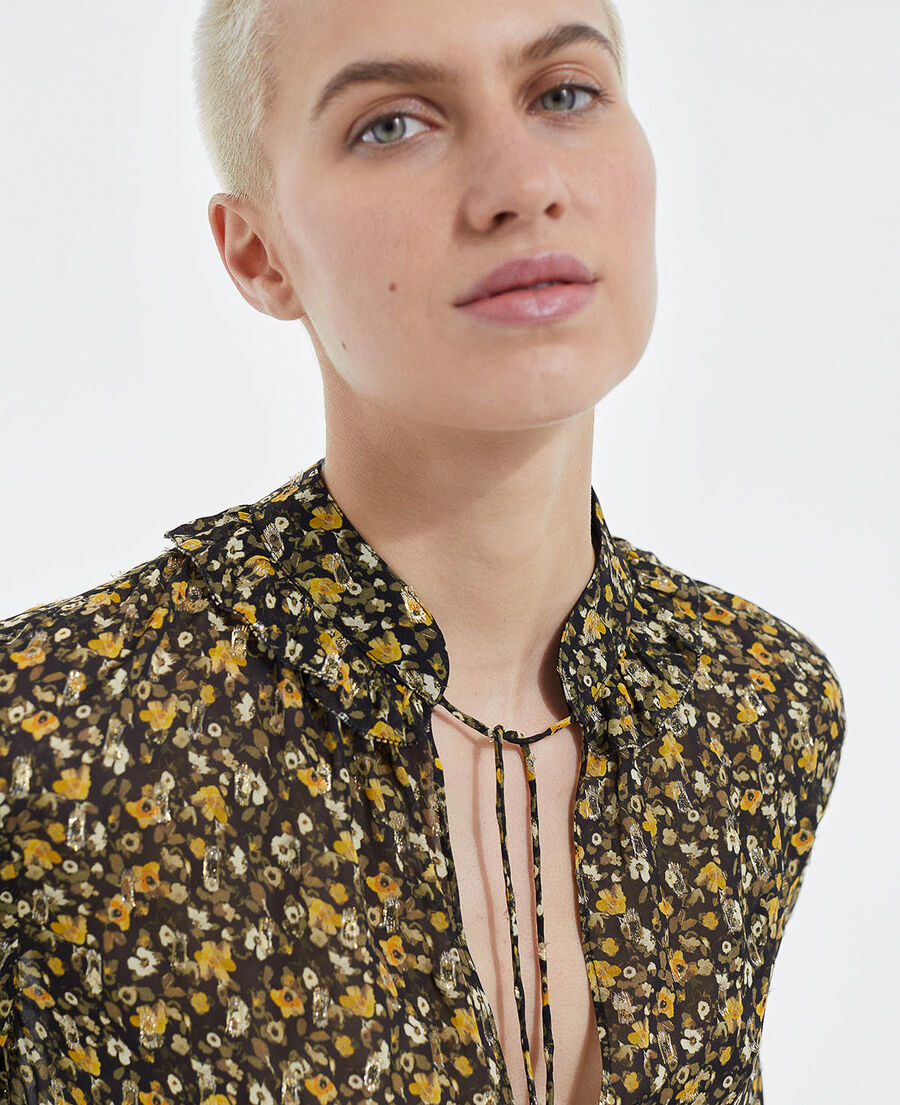 floral black and yellow top in knotted silver details