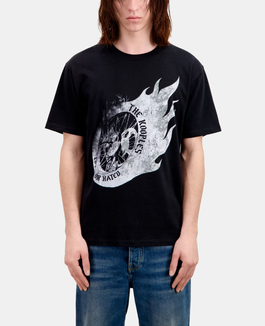 camiseta negra serigrafía flaming wheel para hombre
