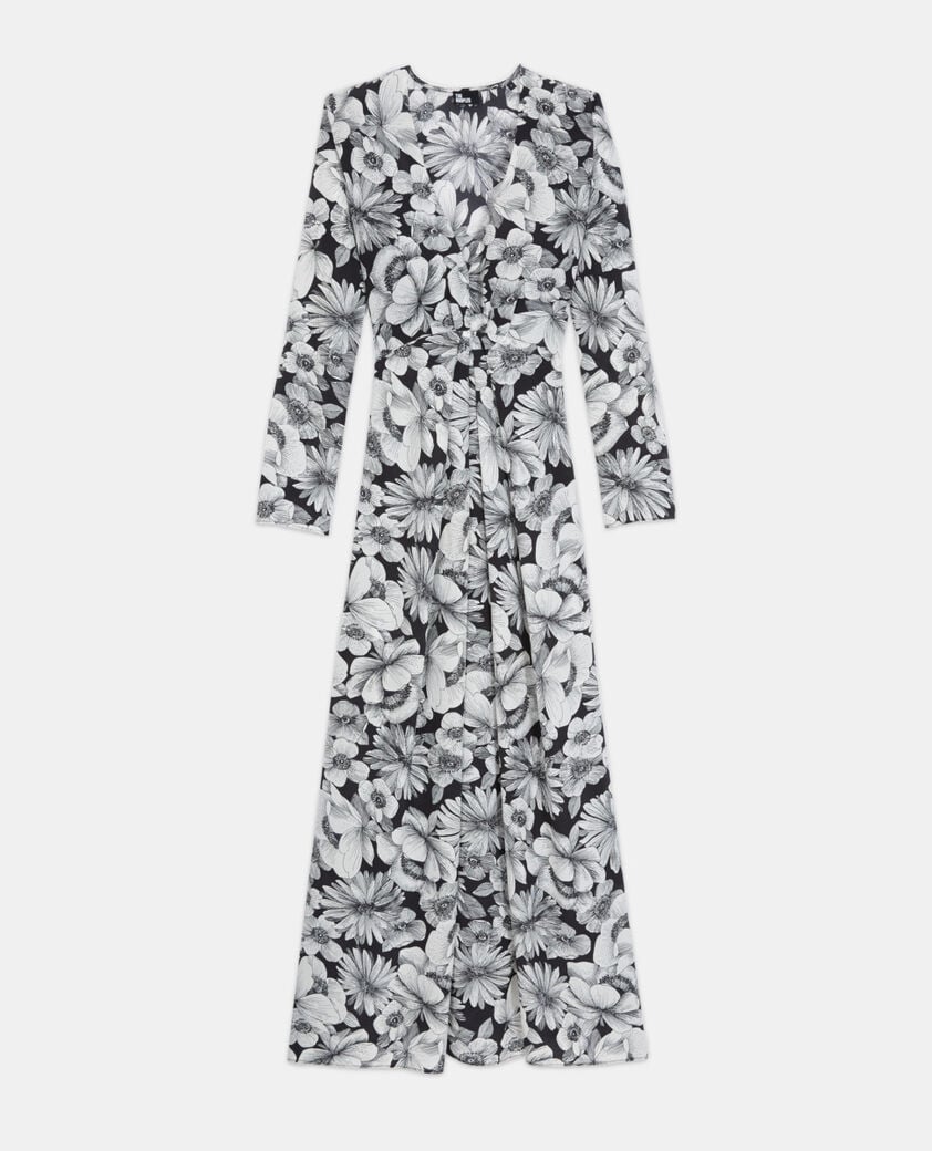 The Kooples WOMEN BLACK WHITE long floral silk dress