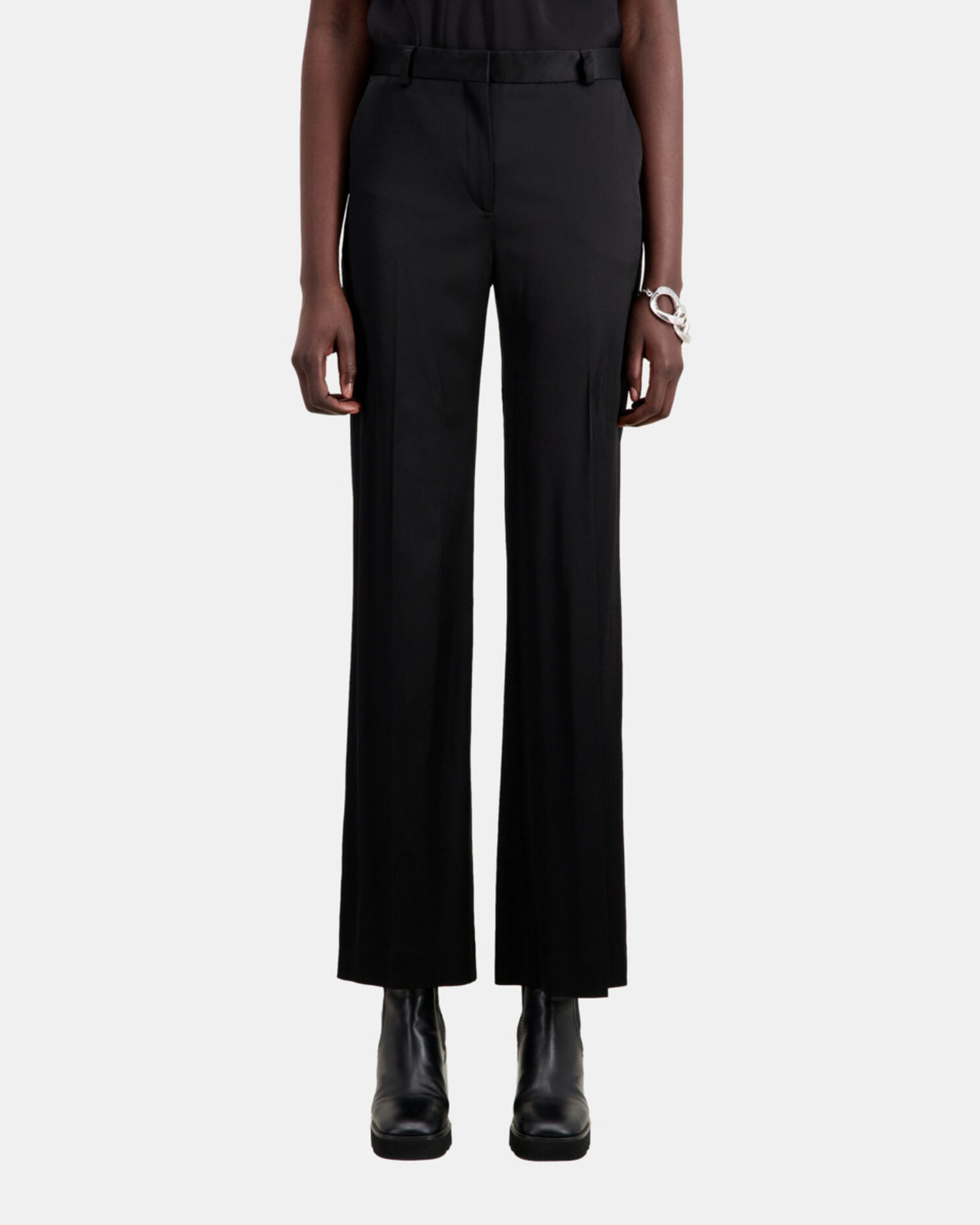 Pantalon tailleur noir satiné, BLACK, hi-res image number null