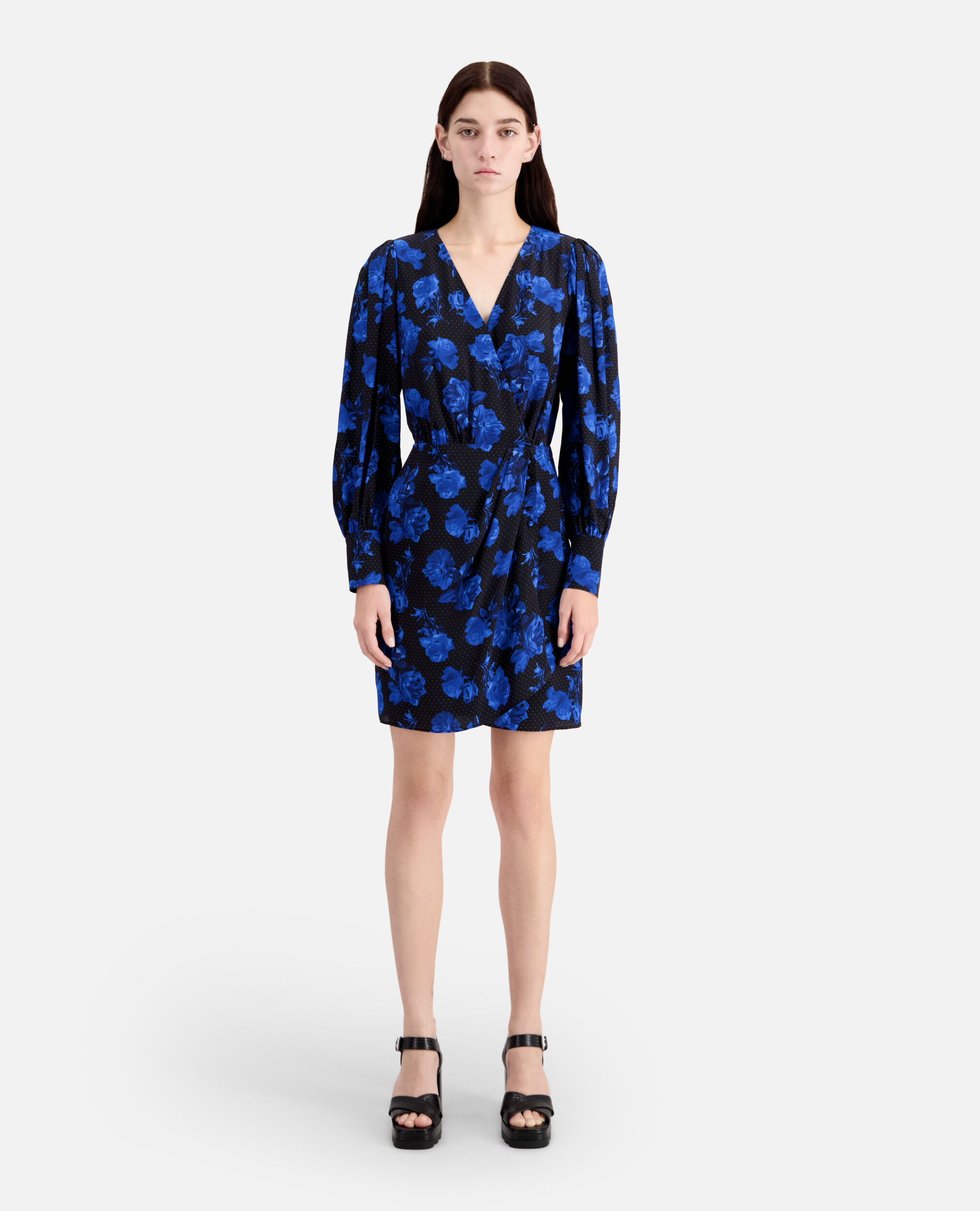 Short printed silk wrap dress, BLACK BLUE, hi-res image number null