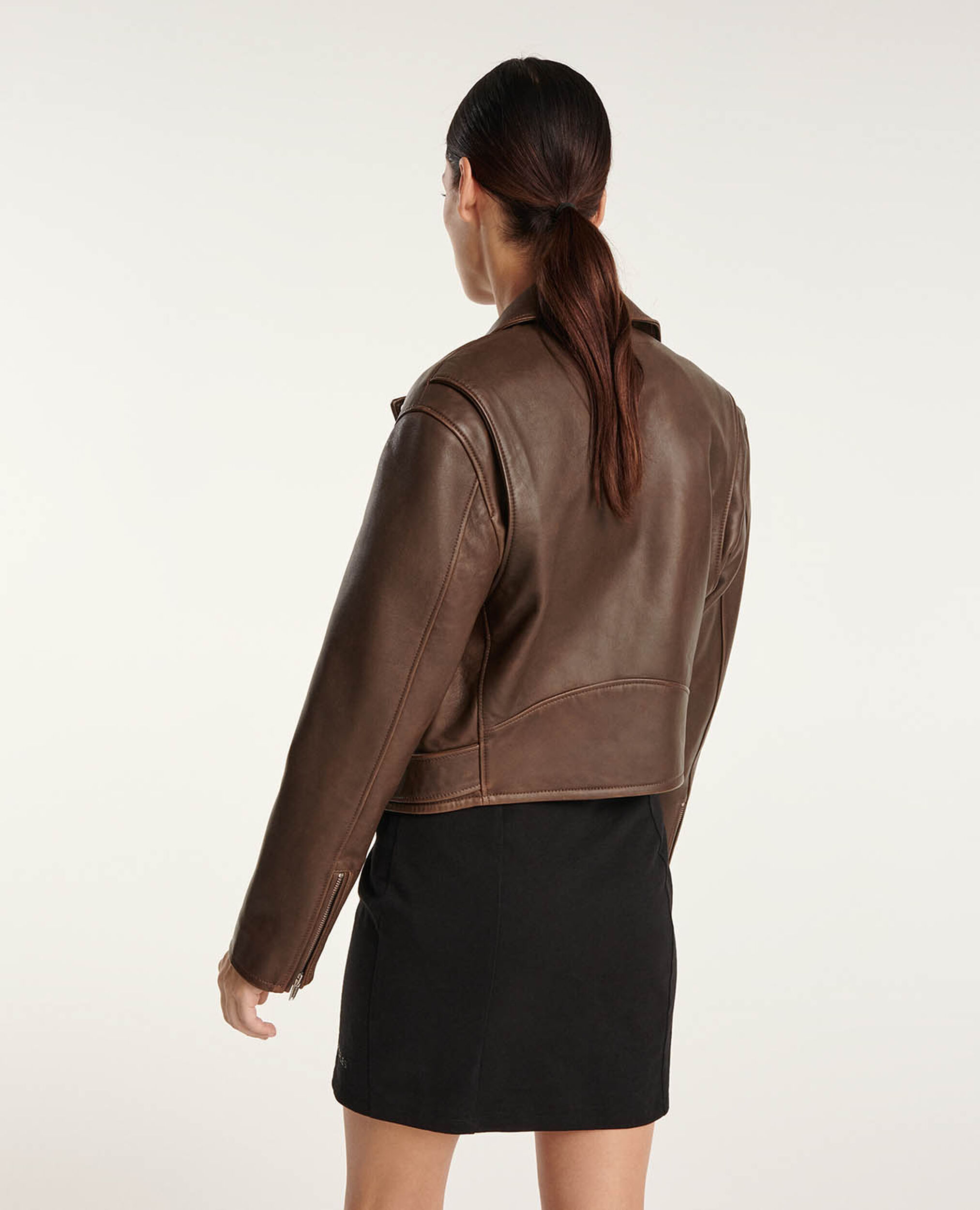 Zipped brown aged-effect leather jacket, BLACK VINTAGE, hi-res image number null