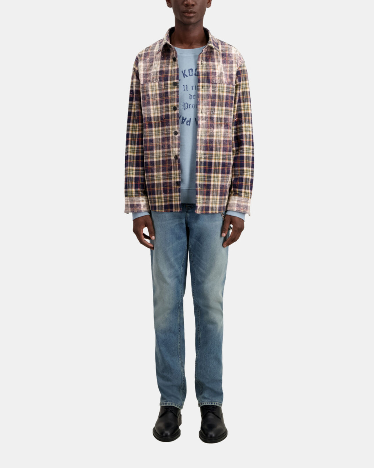 The Kooples HOMME MIDDLE GREY ECRU chemise à carreaux bleus et beige