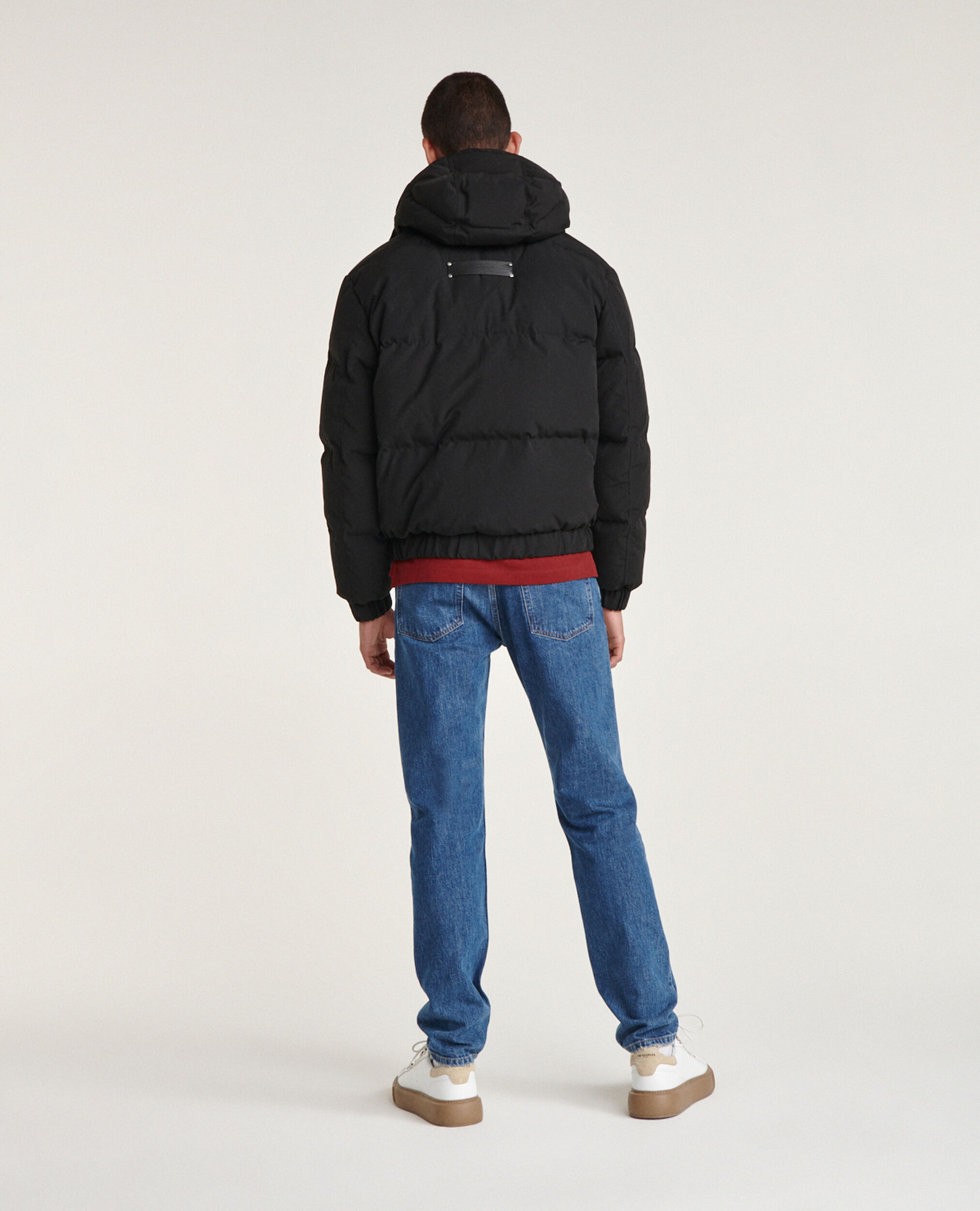 Black nylon down jacket with leather details, BLACK, hi-res image number null