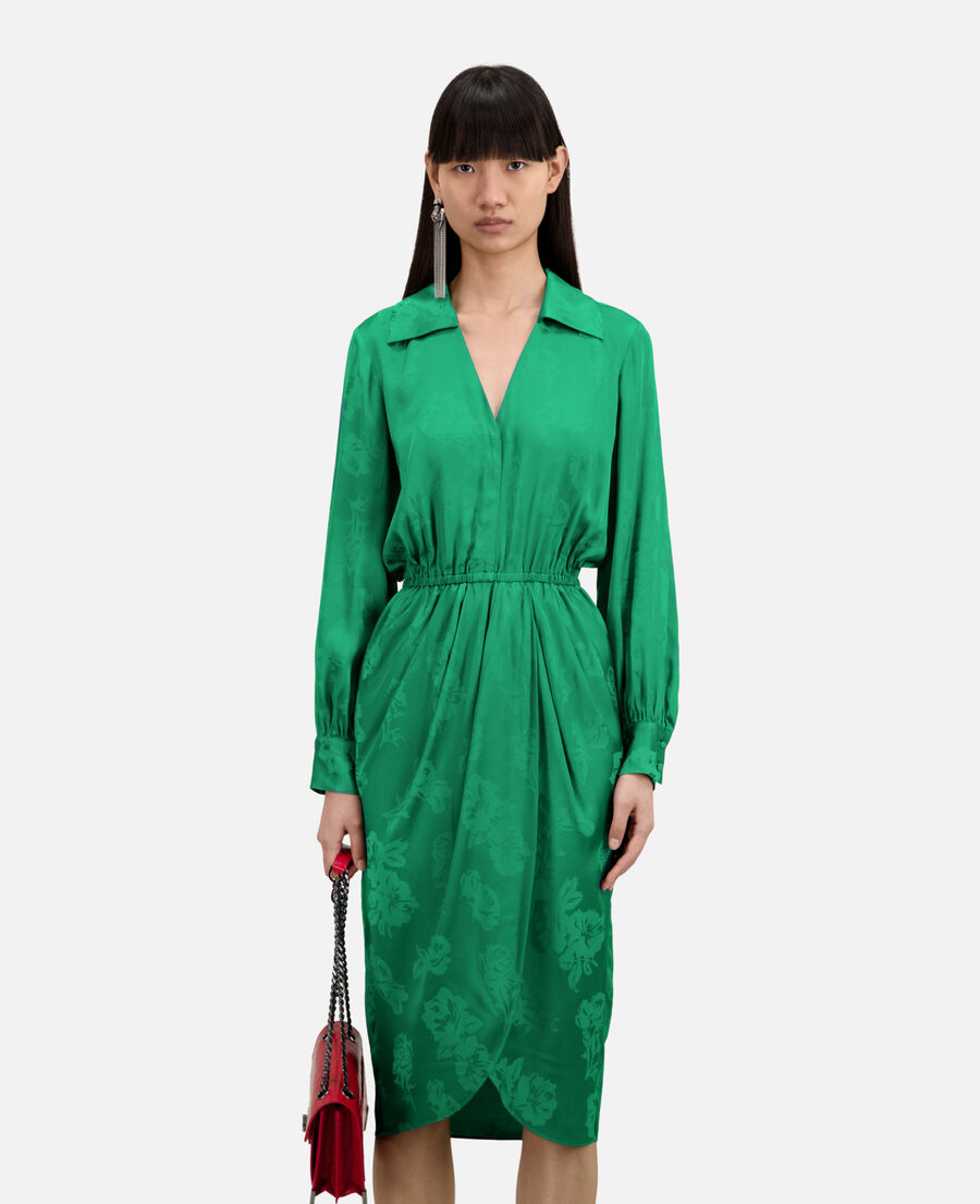 mid-length green dress with flowers