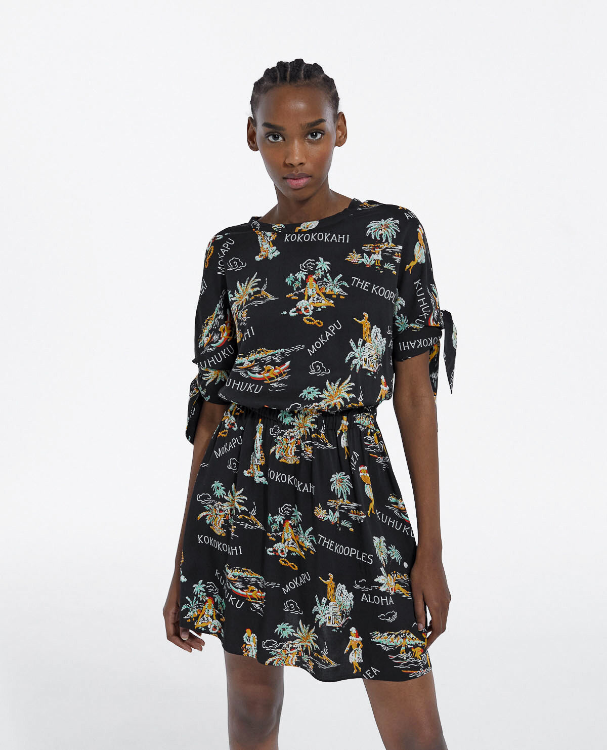 Robe noire manches courtes motif hawaien The Kooples France