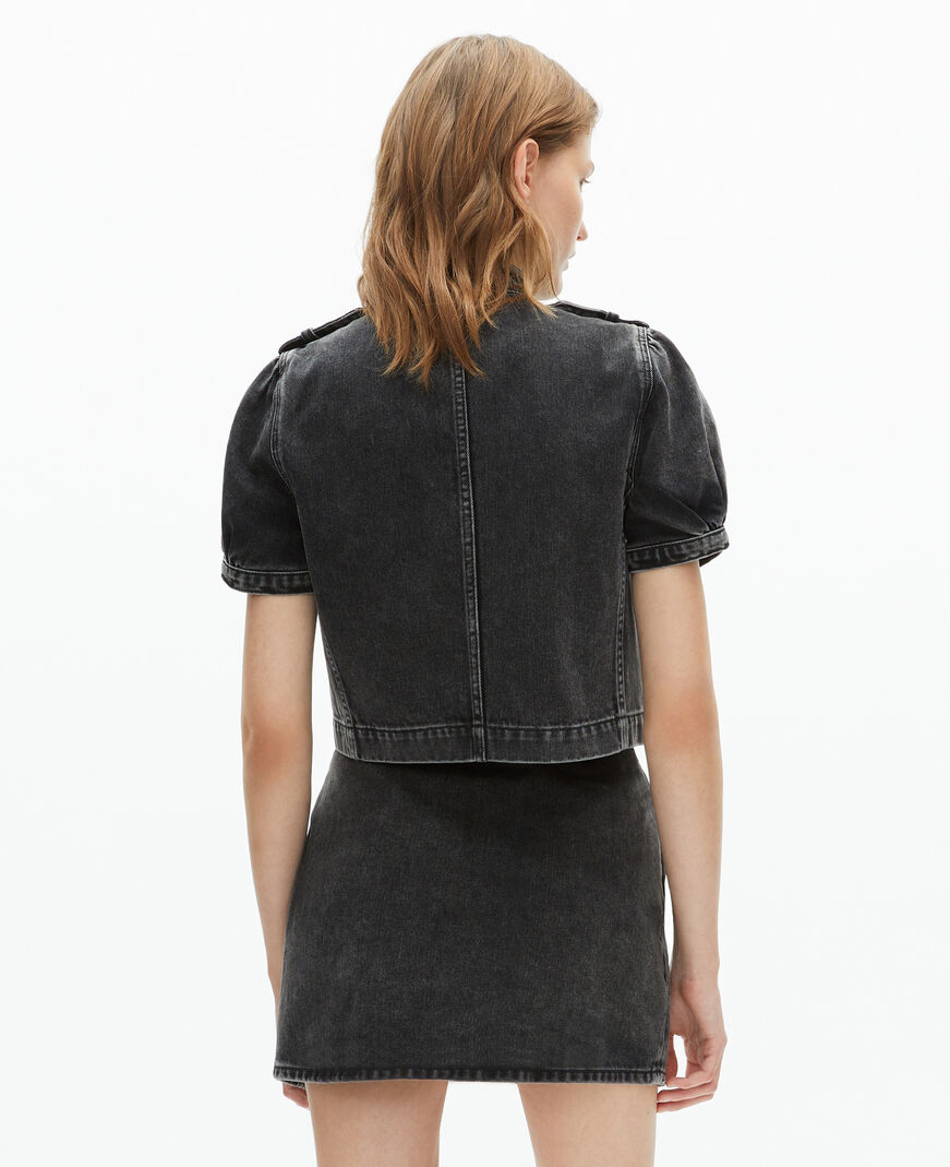 The Kooples WOMEN BLACK WASHED grey denim short-sleeved officer jacket