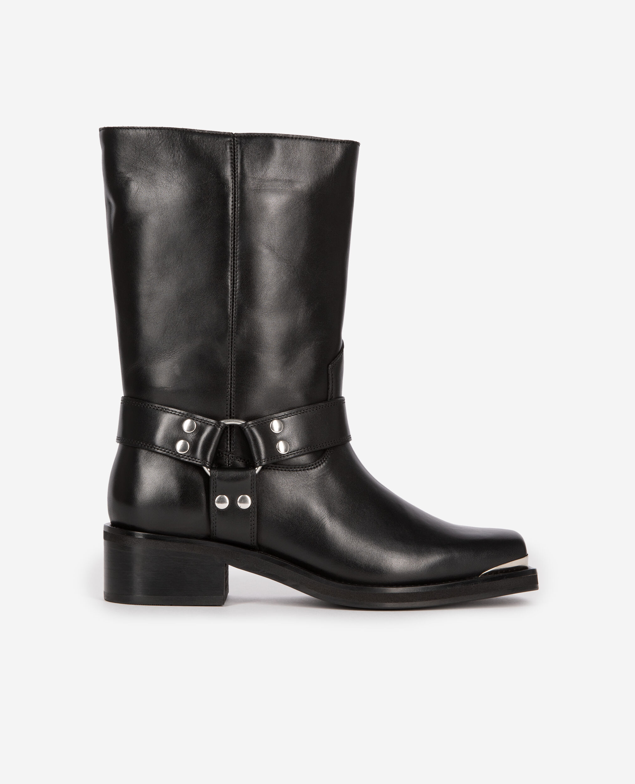 Schwarze Stiefel mit Riemen aus Leder, BLACK, hi-res image number null