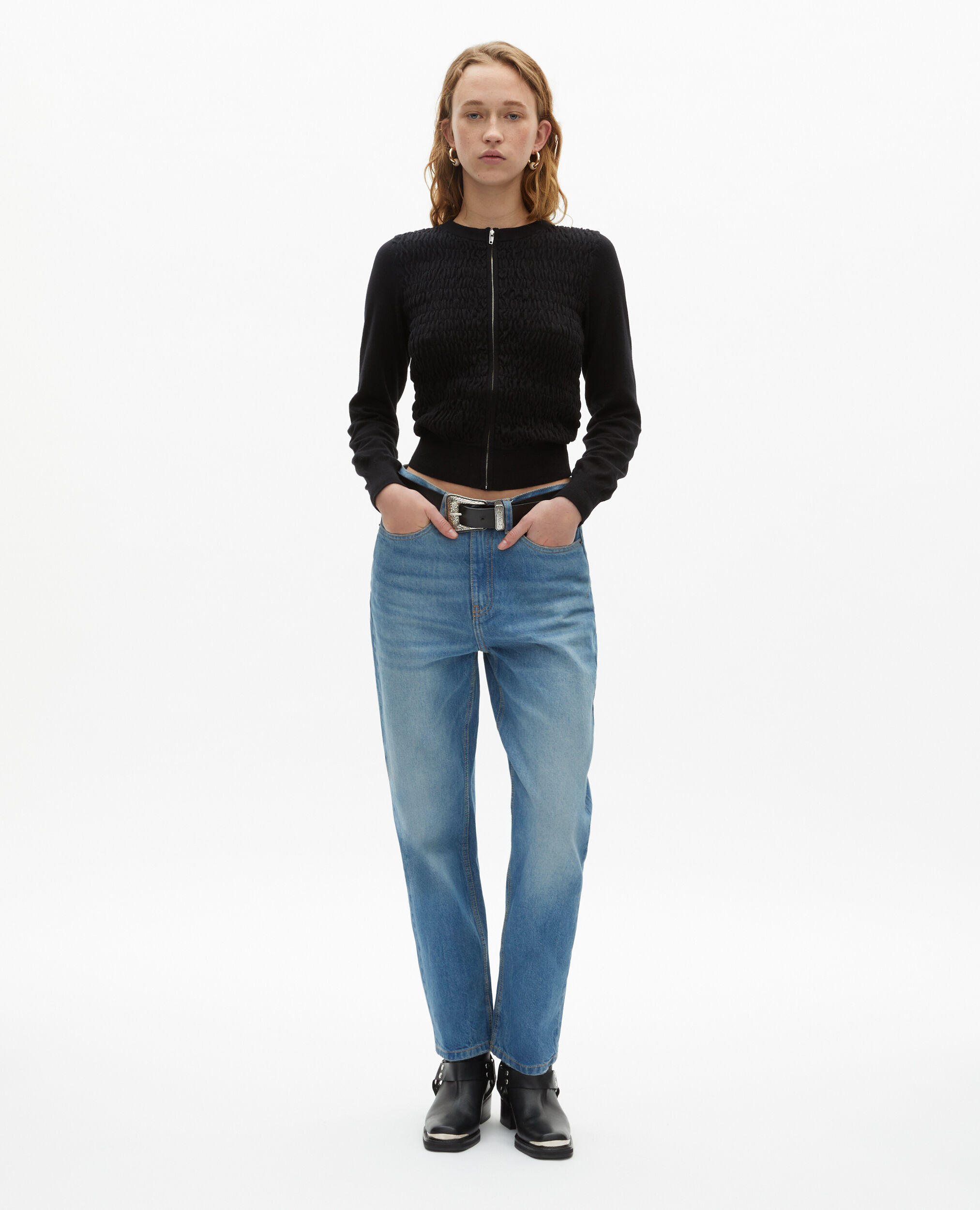 Black zipped cotton cardigan, BLACK, hi-res image number null