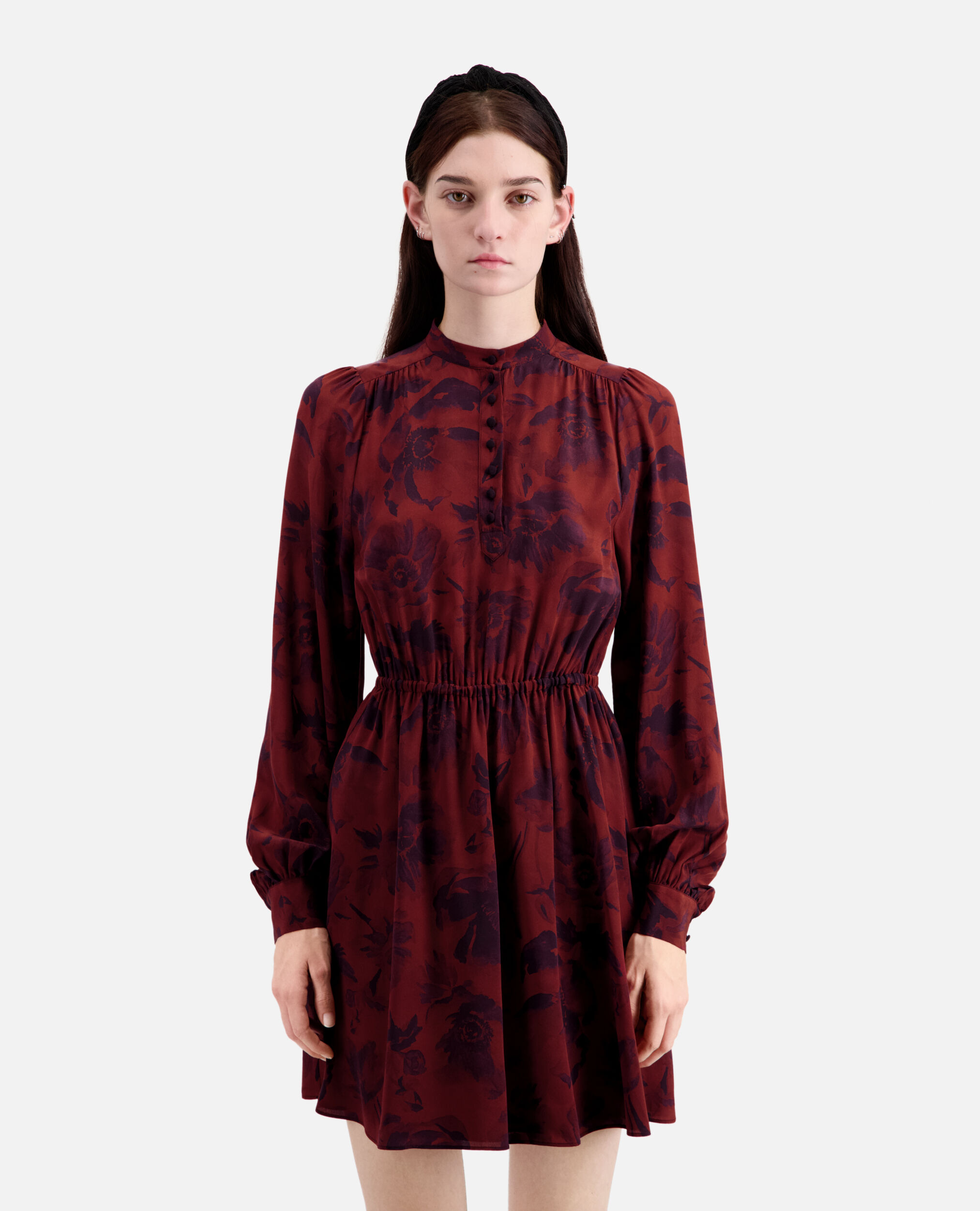 Kurzes Kleid mit Print, BLACK - BURGUNDY, hi-res image number null