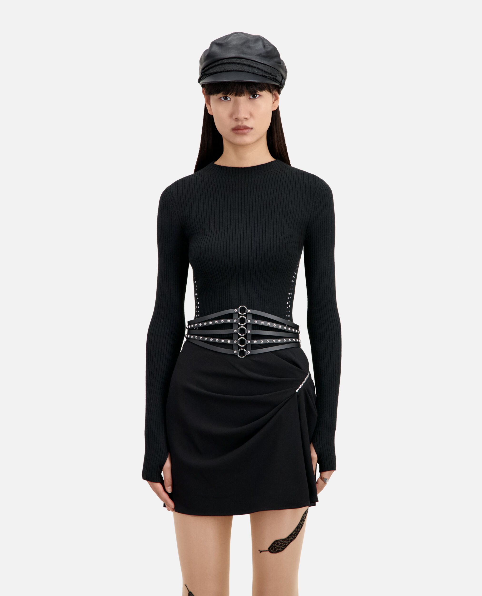 Ceinture corset en cuir noir avec clous, BLACK, hi-res image number null