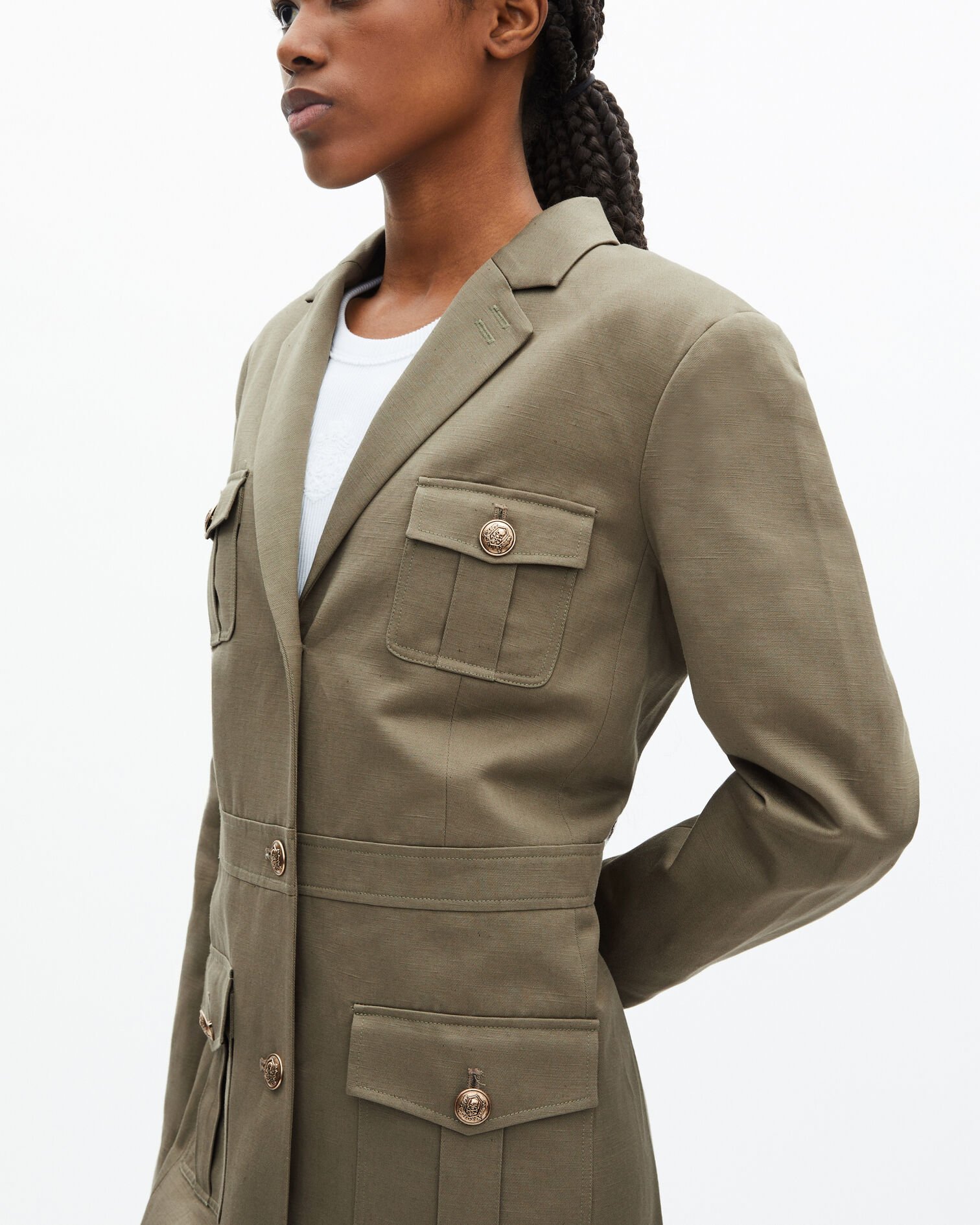 Short officer-style dress in khaki linen, KAKI, hi-res image number null