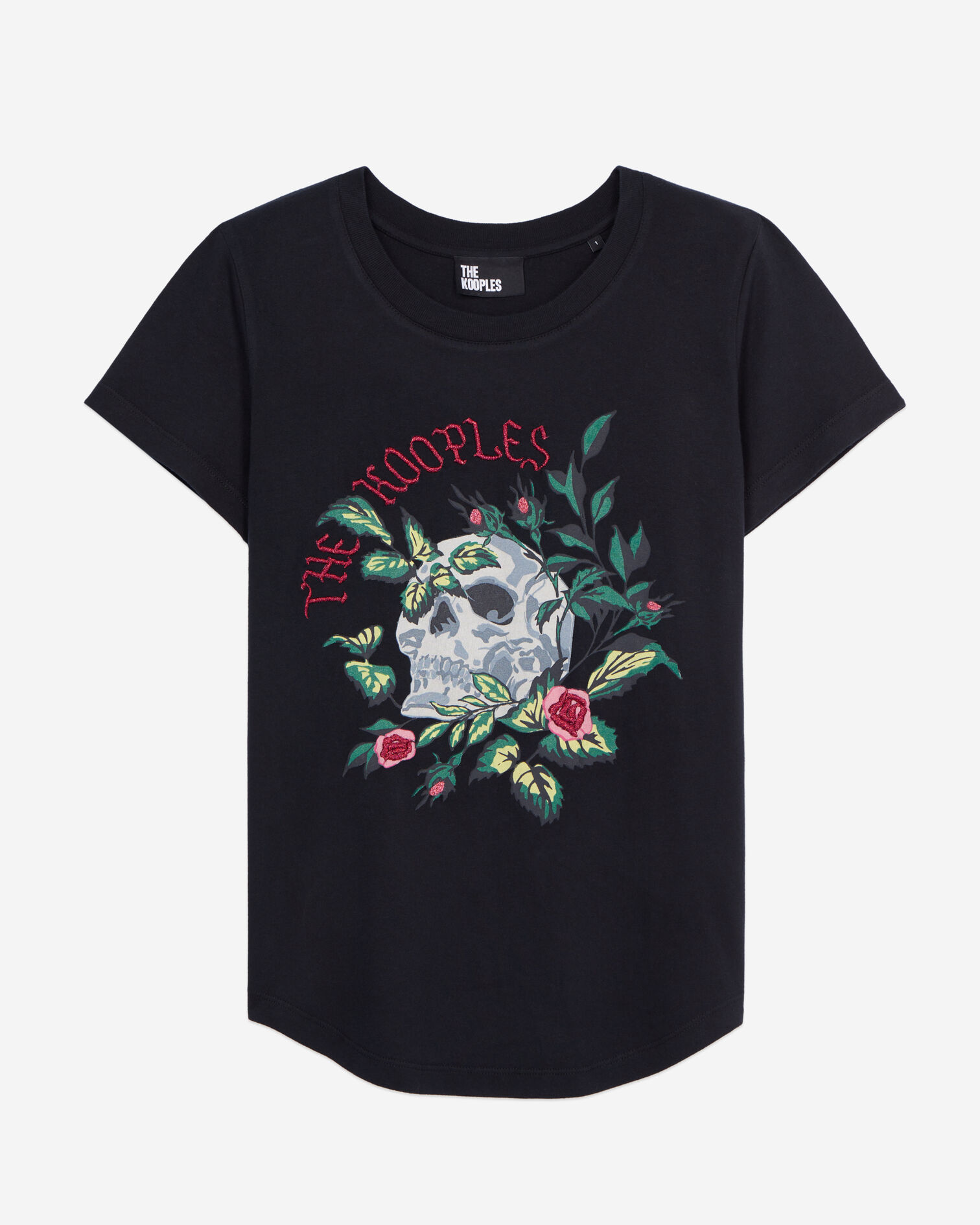 Women's black t-shirt with skull - roses serigraphy, BLACK, hi-res image number null