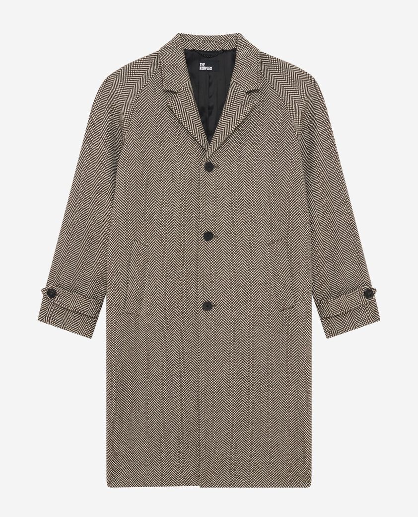 The Kooples DAMEN BROWN CHEVRON langer brauner wollmantel mit fischgrätenmuster