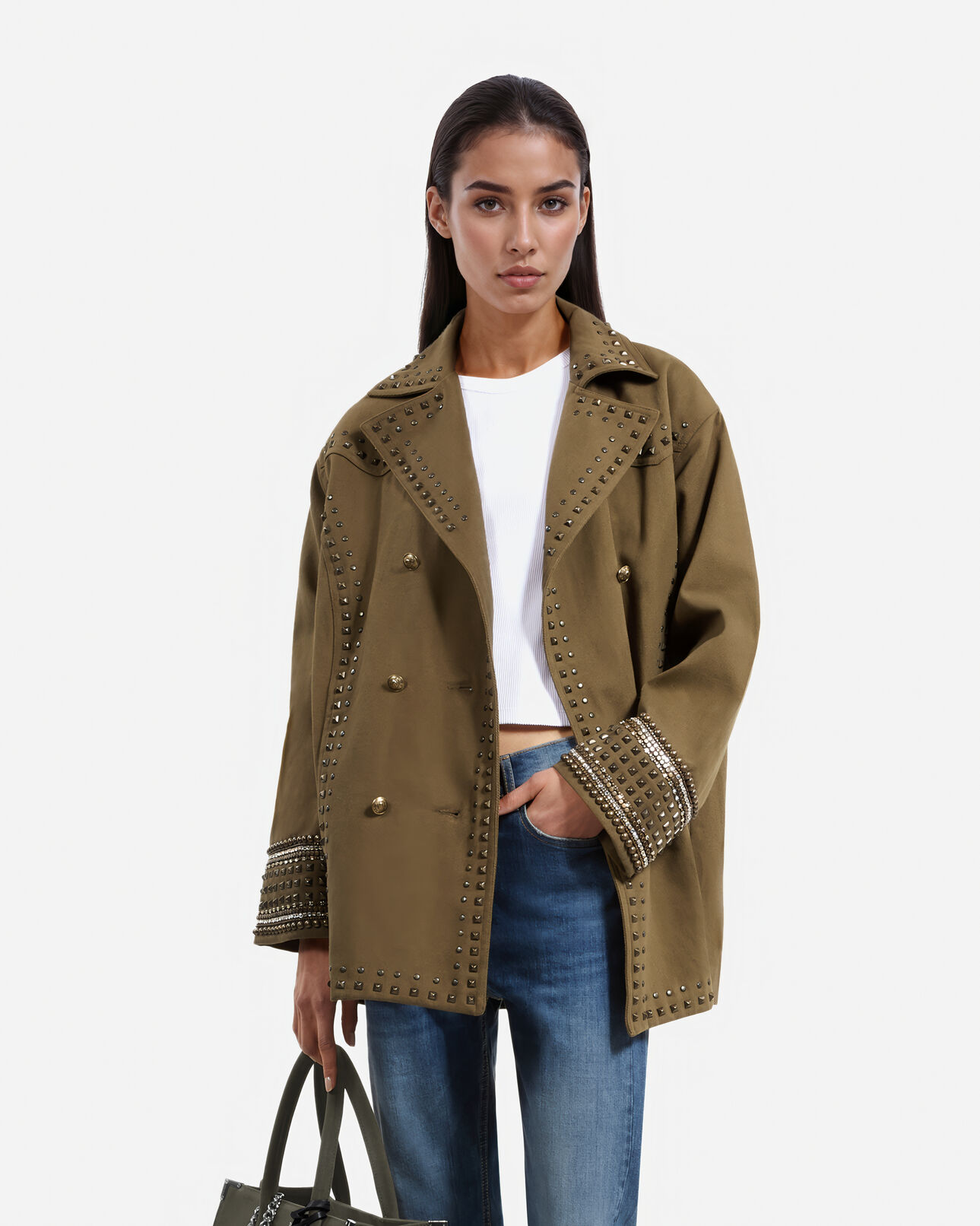 The Kooples WOMEN KAKI caban with studs and khaki beads